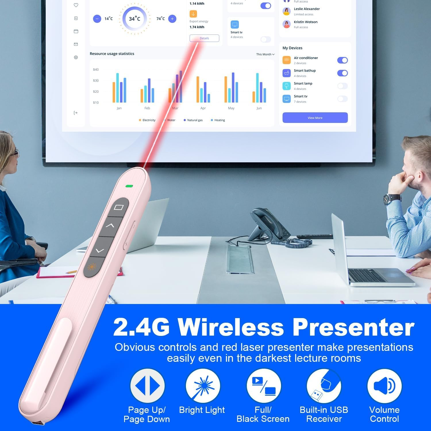 USB Type C Wireless Presenter Remote Presentation Clicker, Volume Control Powerpoint Clicker with Red Pointer Long Range PPT Clicker Slide Advancer for Mac PC Laptop Computer (Pink) image number 1
