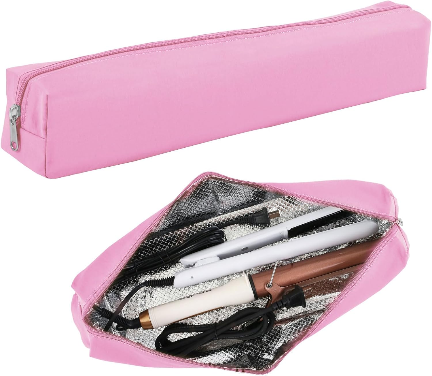 Suafrnut Professional Hot Hair Tools Organizer Bag Portable Travel Heat Resistant Storage Case Pouch for Curling Irons, Flat Irons, Hair Straightener and Styling Tools(17.7" X 3.2"X 3.2"), Pink