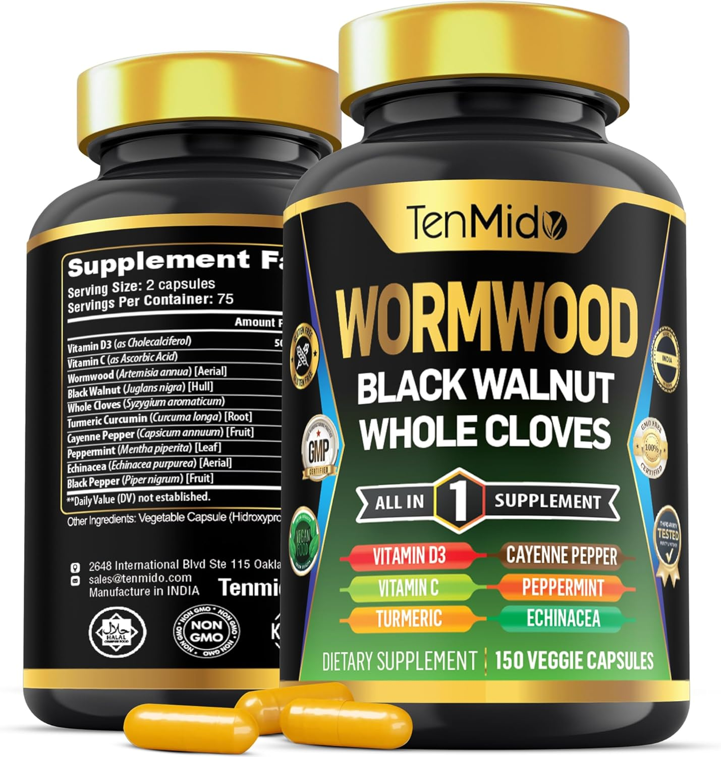 Tenmido Wormwood Capsules Supplement for Men and Women, 10In1 Formula with Black Walnut, Whole Cloves, Turmeric, Cayenne Pepper & More - Digestive, Immune Support - Nutrient Rich - 150 Capsules image number 4
