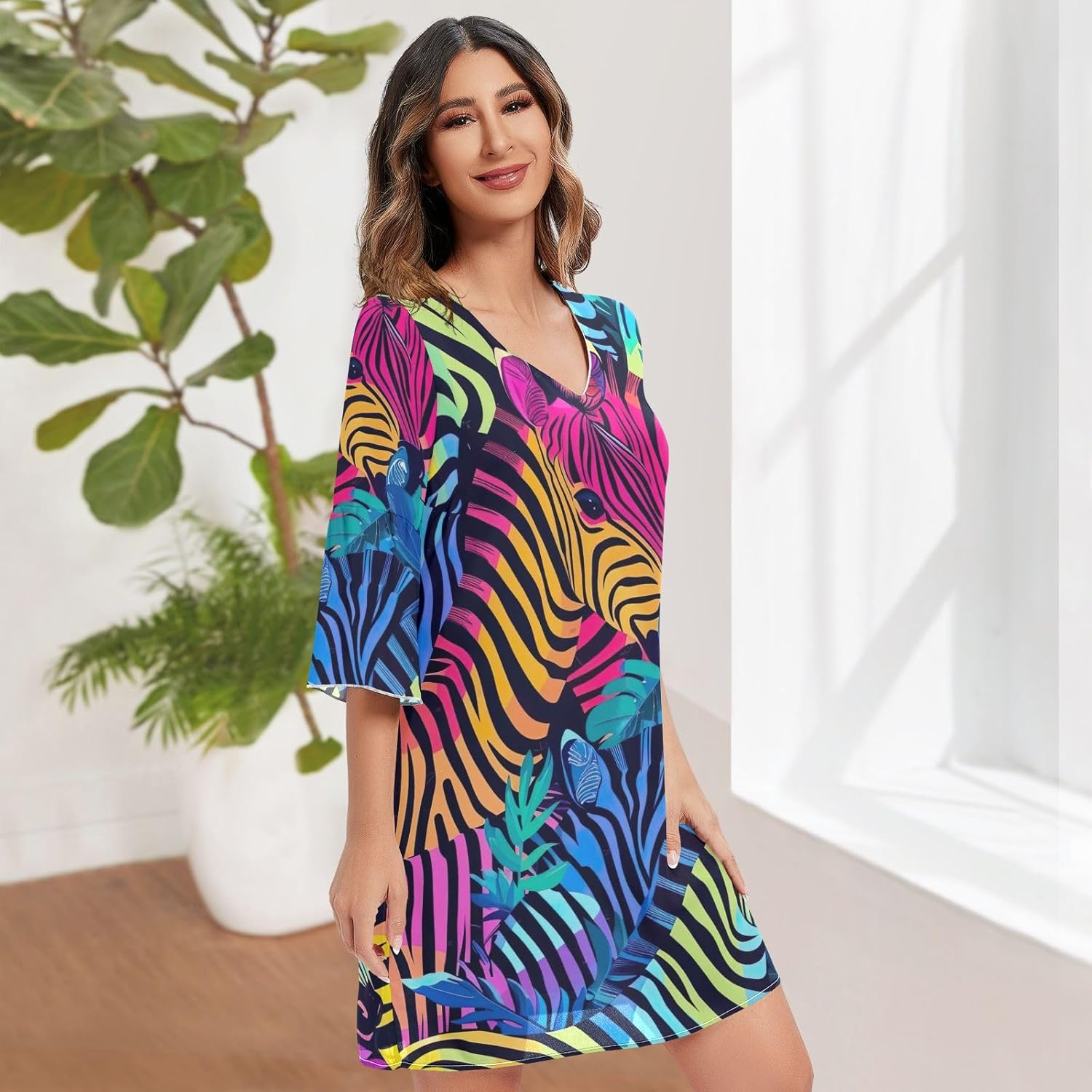 Retro Neon Zebra Casual Dress Printed Chiffon Line Maternity Dress image number 3