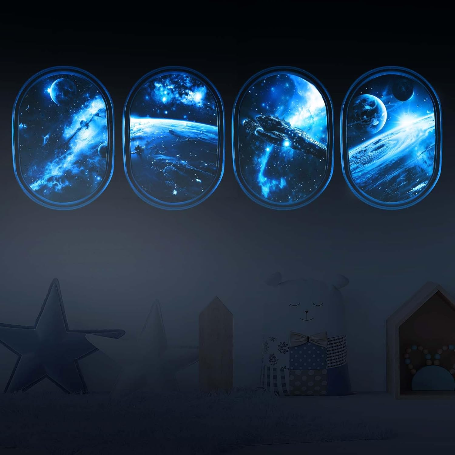 SNAIL GARDEN 4 Pcs Luminous Universe Galaxy Wall Stickers,Glow in the Dark Wall Decals,Self-Adhesion Space Themed Wall Decor,3D Wall Decor for Room,Space Room Decor for Boys(Blue Light) image number 4