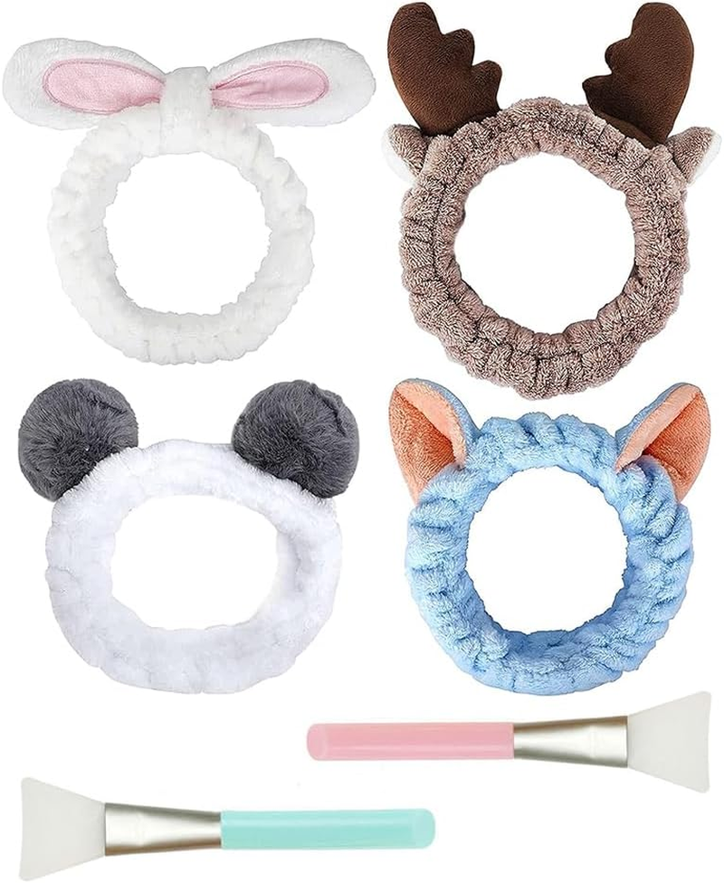 Aililong Pack of 4 Plush Hair Bands + Face Mask Brush Set, Make up Hair Band for Women, Elastic Make-Up Headband for Face Washing, Showering & Sports (Blue, White, Grey, Black and White)