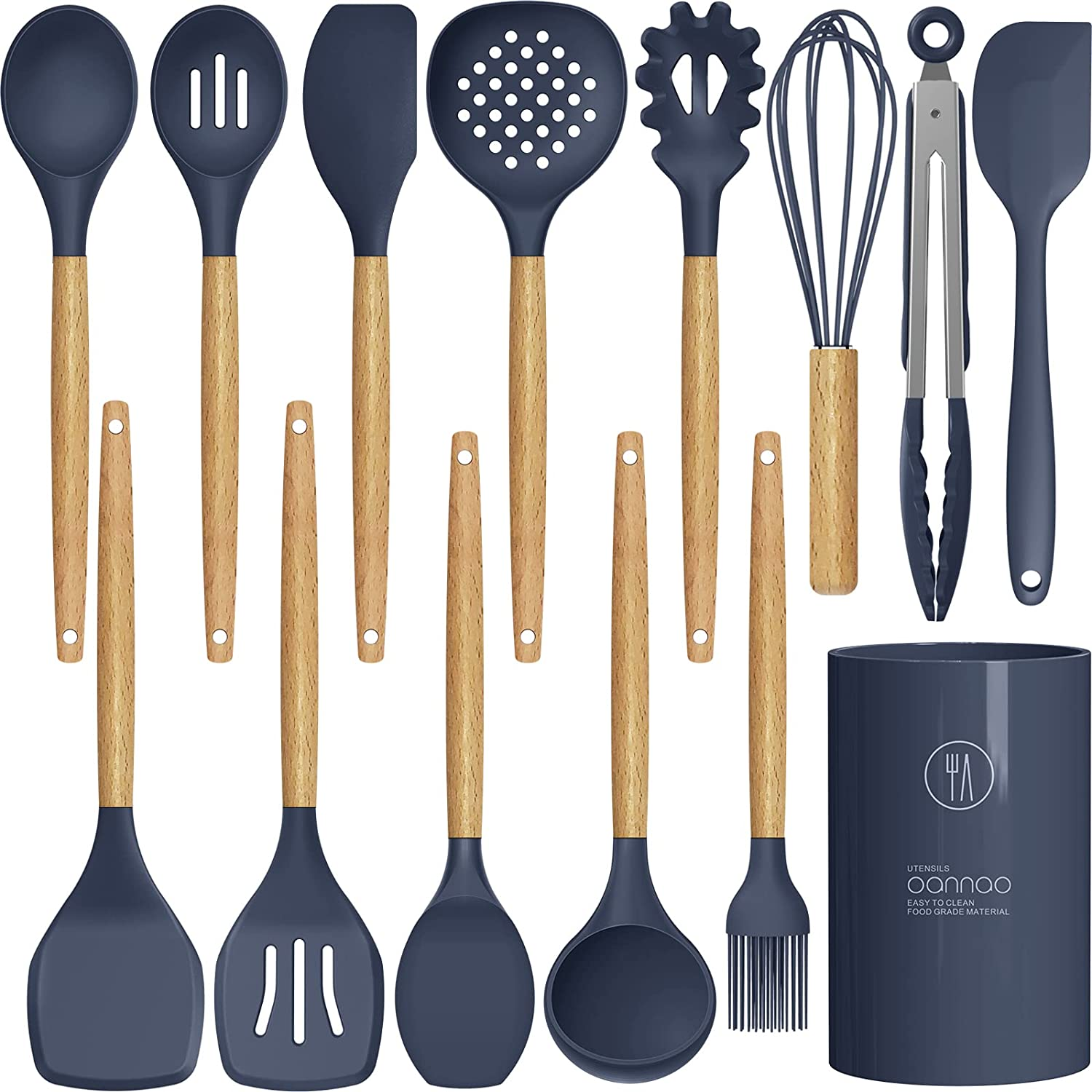 Silicone Cooking Utensils Set - 446&deg;F Heat Resistant Silicone Kitchen Utensils for Cooking,Kitchen Utensil Spatula Set W Wooden Handles and Holder, BPA Free Gadgets for Non-Stick Cookware (Khaki)