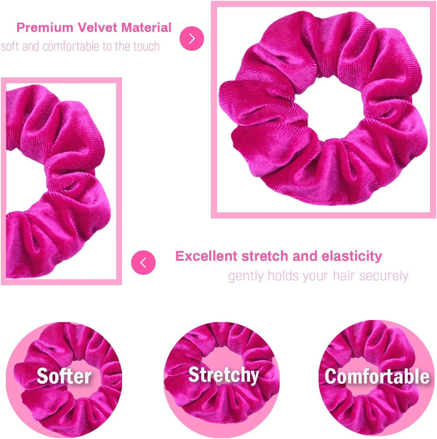 IVARYSS Hot Pink Scrunchies, Premium Velvet Soft Hair Scrunchy, Solid Colors Thick Elastic Bands, Hair Accessories for Women and Girls, 12 Pack image number 3