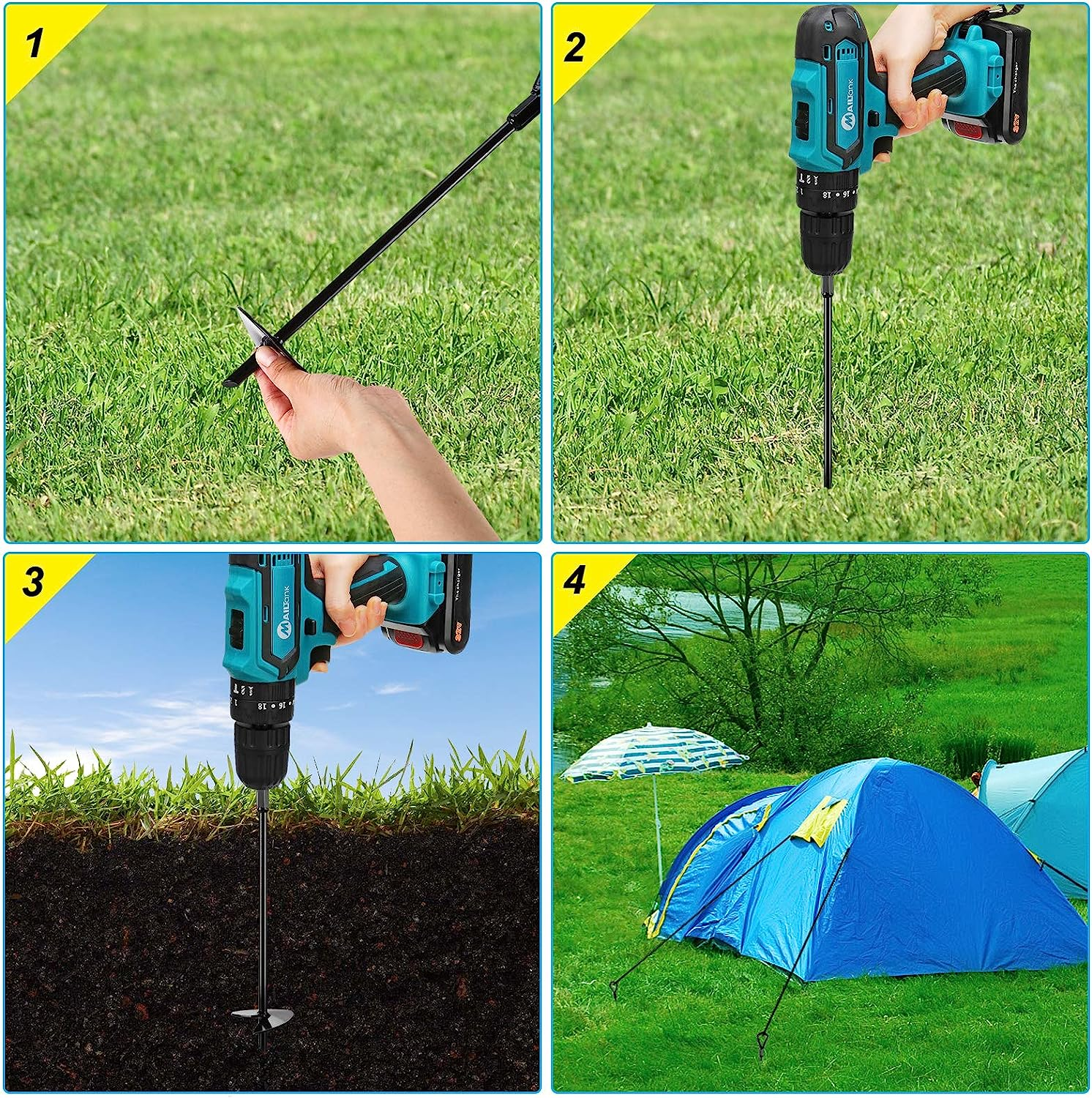 Ground Anchors, Agptek 4 Packs Ground Anchor Kit with 15 Inches Long and 0.5 Inches Thick, Ground Anchors Heavy Duty Great for Tents, Canopies, Sheds, Trampoline and Swing Sets image number 1