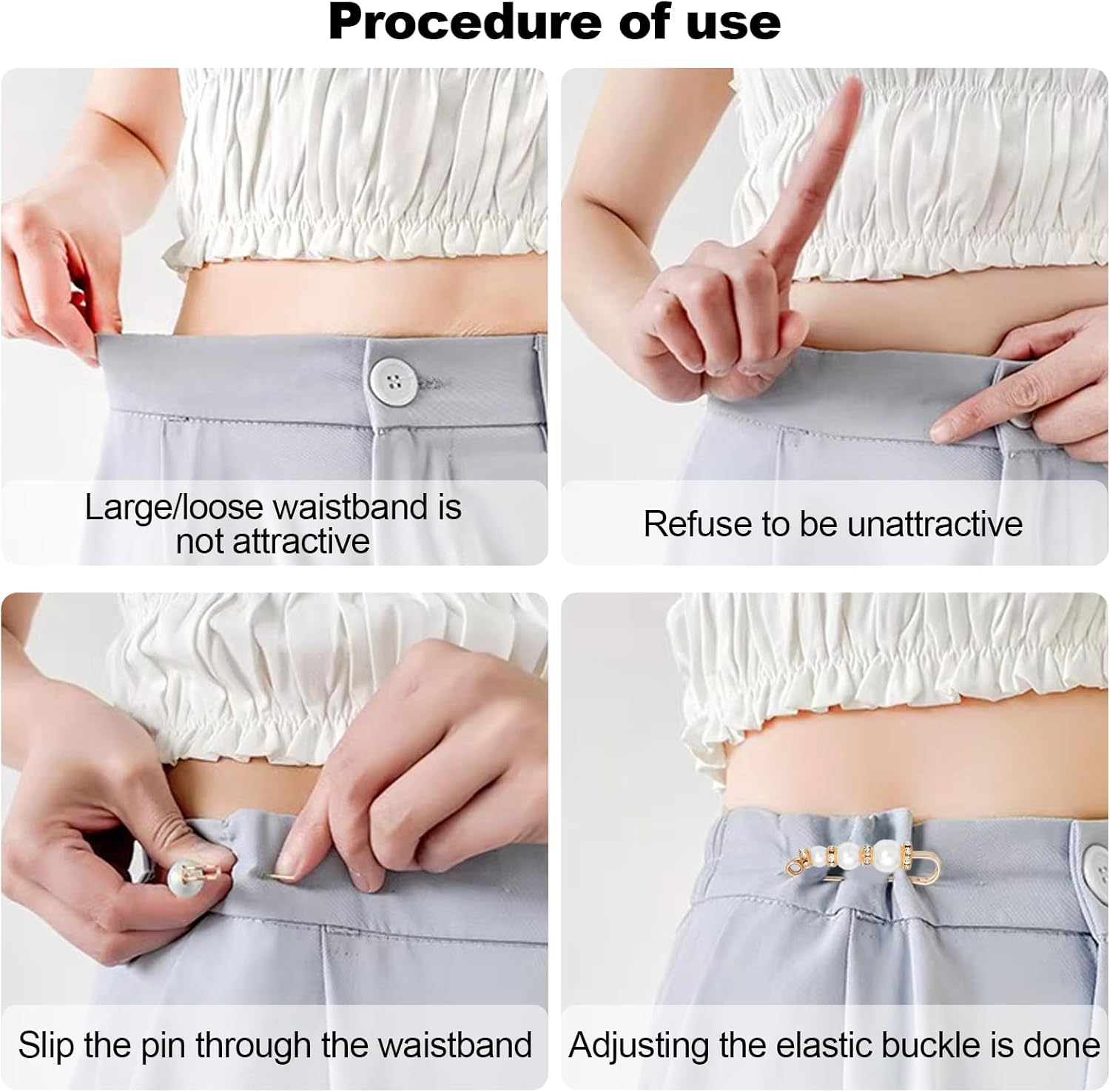 8 Pcs Faux Pearl Rhinestone Brooch Pins, Safety Pins for Clothing, Dress Pants, Skirt, Cardigan, Collar, Pants Extender, Set-A, White