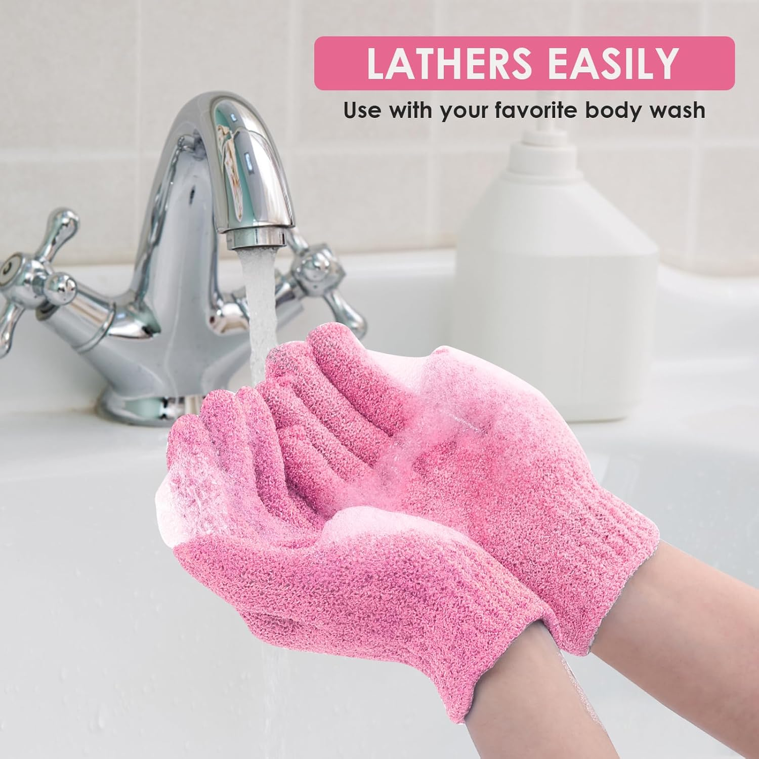 2Pcs Exfoliating Gloves Bamboo Exfoliator Mitt Body Scrub Exfoliating Washcloths Scrubbing Glove for Shower, Spa, Massage and Dead Skin Cell Remover Loofah, Pink