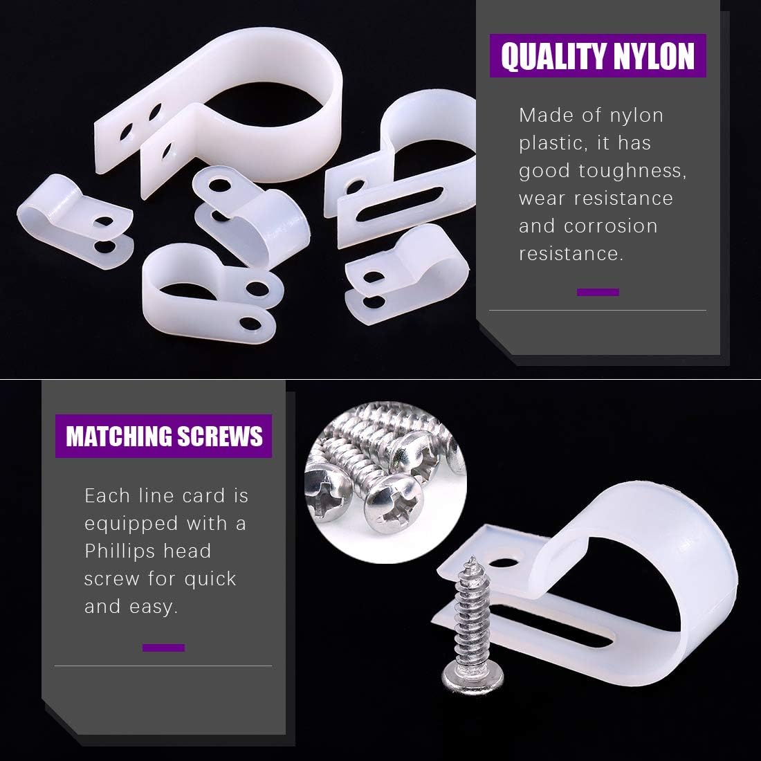 Swpeet 135 Pack 6 Sizes White Nylon Plastic R-Type Cable Clips Clamp Assortment Kit, 1/4" 5/16" 3/8" 1/2" 3/4" 1" Nylon Screw Mounting Cord Fastener Clips with 135 Pack Screws for Wire Management image number 4