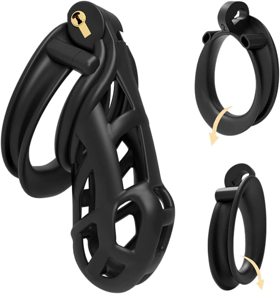 Sex Factory Male Cock Cage Chastity Device Tease Resin Chastity Locked Cage with 4 Different Size Rings for Male Exercise (Black) image number 2