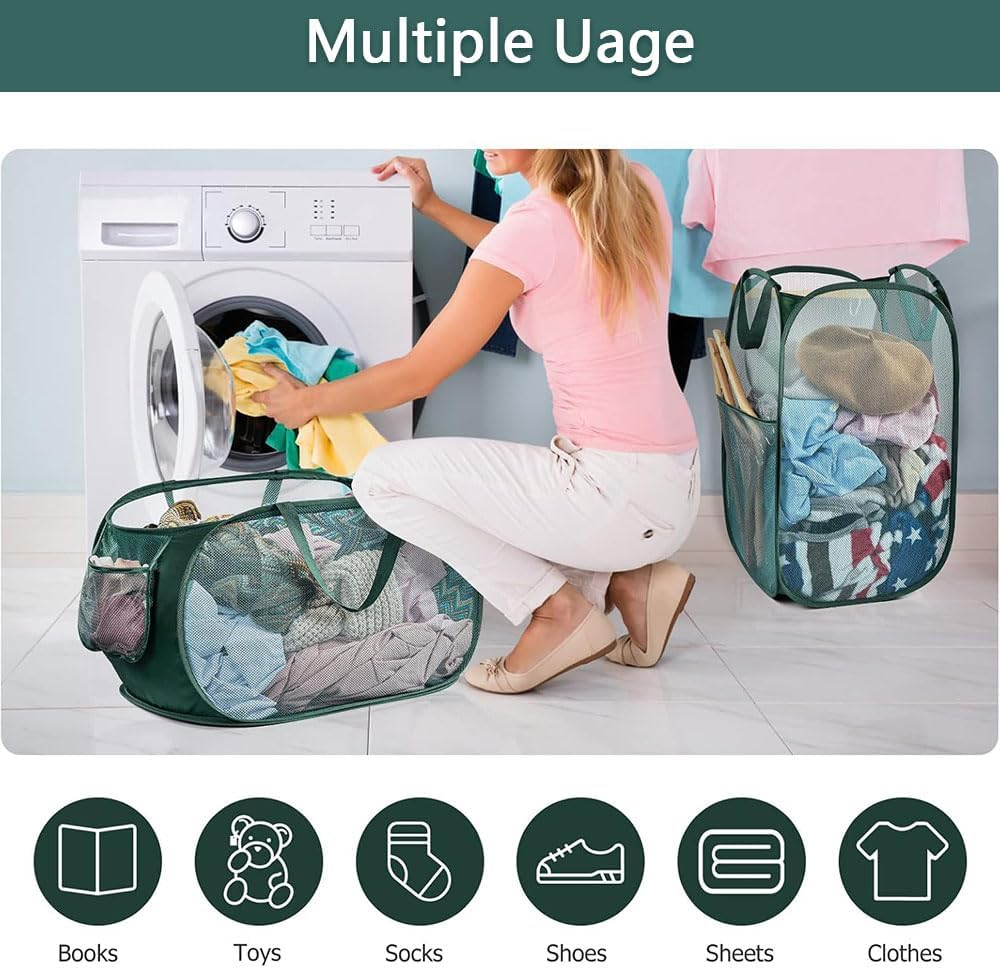 2 Pack Foldable Pop up Mesh Laundry Hampers Large Green Laundry Baskets with Handles and Side Pocket for Clothes Toys and Home Storage image number 2