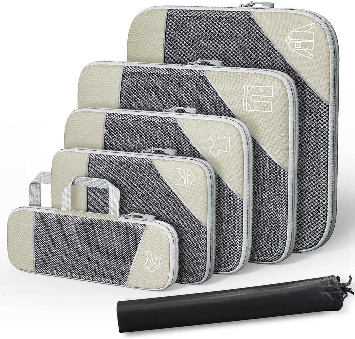 AIMALL 6-Pack Travel Storage Bags for Luggage Organizer, Compression Packing Cubes with Handles, Waterproof Nylon Mesh Laundry Bags for Travel Accessories