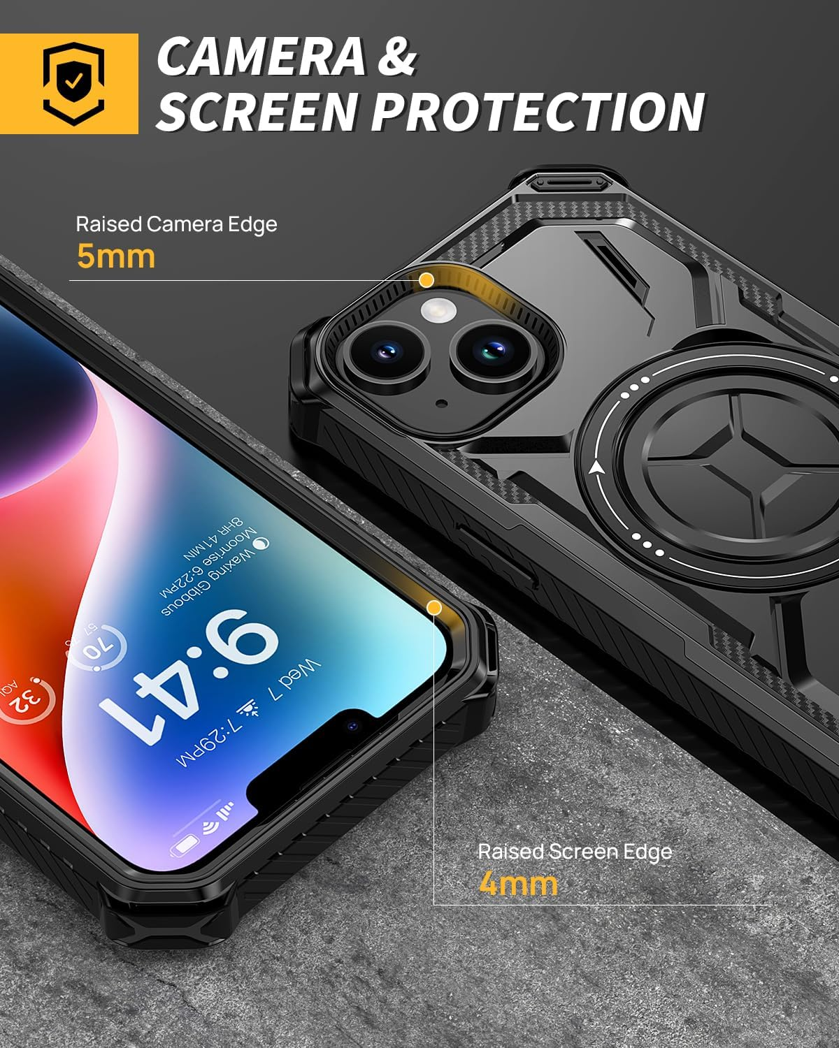 Lanhiem for Iphone 14 Case/Iphone 13 Case with 2 Pack Screen Protector, Shockproof Military-Grade Protection, Magnetic Kickstand Phone Case for Iphone 14/13, Black