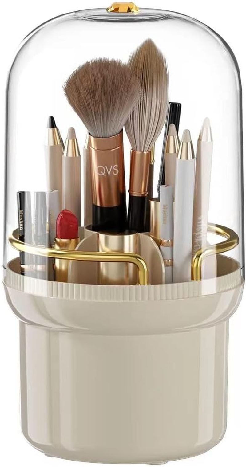 Makeup Brush Holder, 360&deg; Rotating Makeup Brush Organizer with Lid, Dustproof Cosmetic Brushes Storage with 7 Slots for Vanity Desktop Bathroom Countertop, Cream image number 4