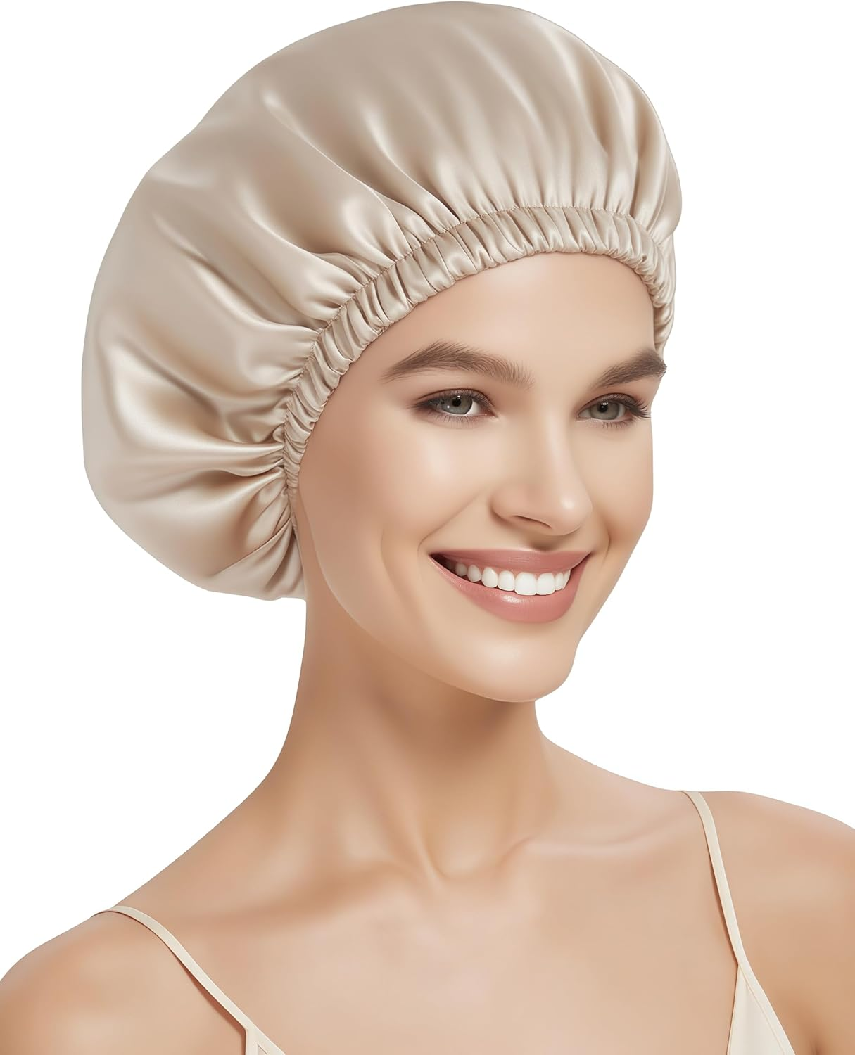 100% Mulberry Silk Bonnet for Sleeping, Double Layered 22 Momme Silk Hair Wrap with Adjustable Elastic Band, Soft & Breathable Pure Silky Hair Bonnet Reduce Frizz (Bean Paste)