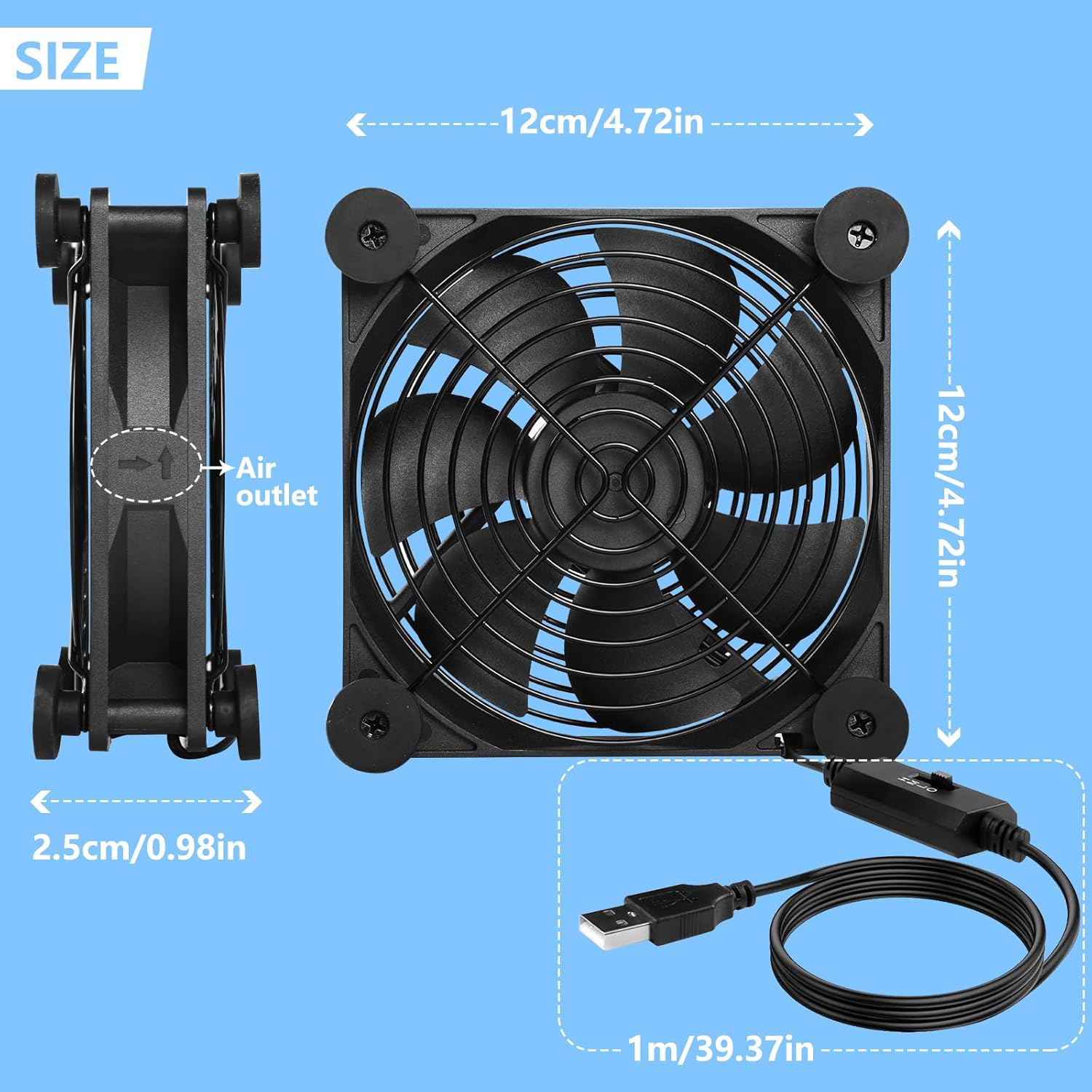 Bigqin USB PC Fan, 120Mm 5V Computer Fan with 3 Adjustable Wind Speed, High Airflow Silent Cooling Fan Compatible with Router Modem Receiver DVR Xbox TV Box