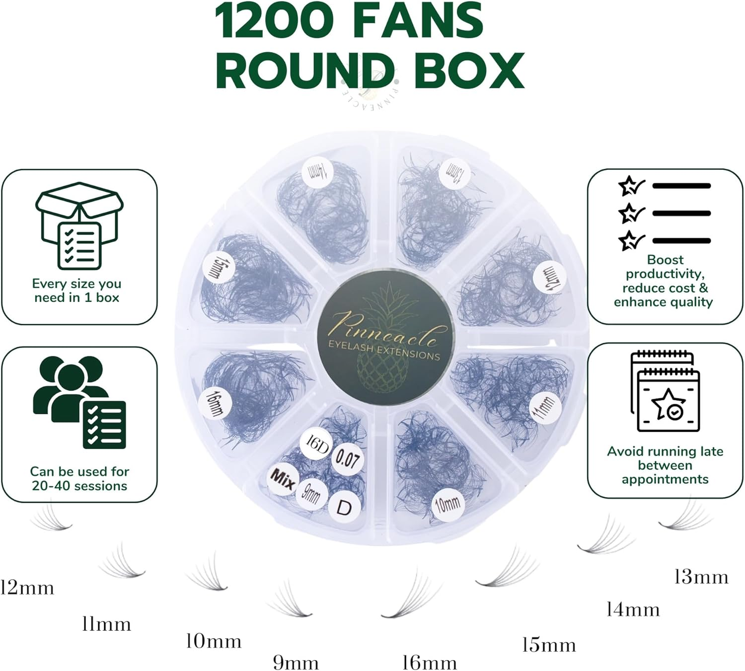 1200 Premade 6D Volume Fans Eyelash Extension | 8 Sizes-In-1 round Mixed Box | Length 9Mm-16Mm | C, CC, D, M & L Curl | 0.07| for Professional Lash Artists | Handmade Promade Eyelashes Fans by Pinneacle (D Curl) image number 2