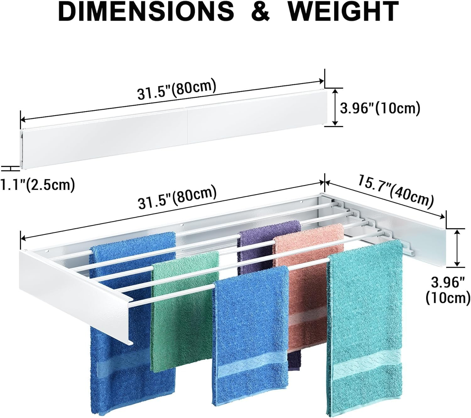 Laundry Wall Mounted Drying Rack, Collapsible and Retractable, 31.5" Wide, 13.2 Linear Ft, 5 Aluminum Rods, 60 Lb Capacity (White, 80Cm) image number 2