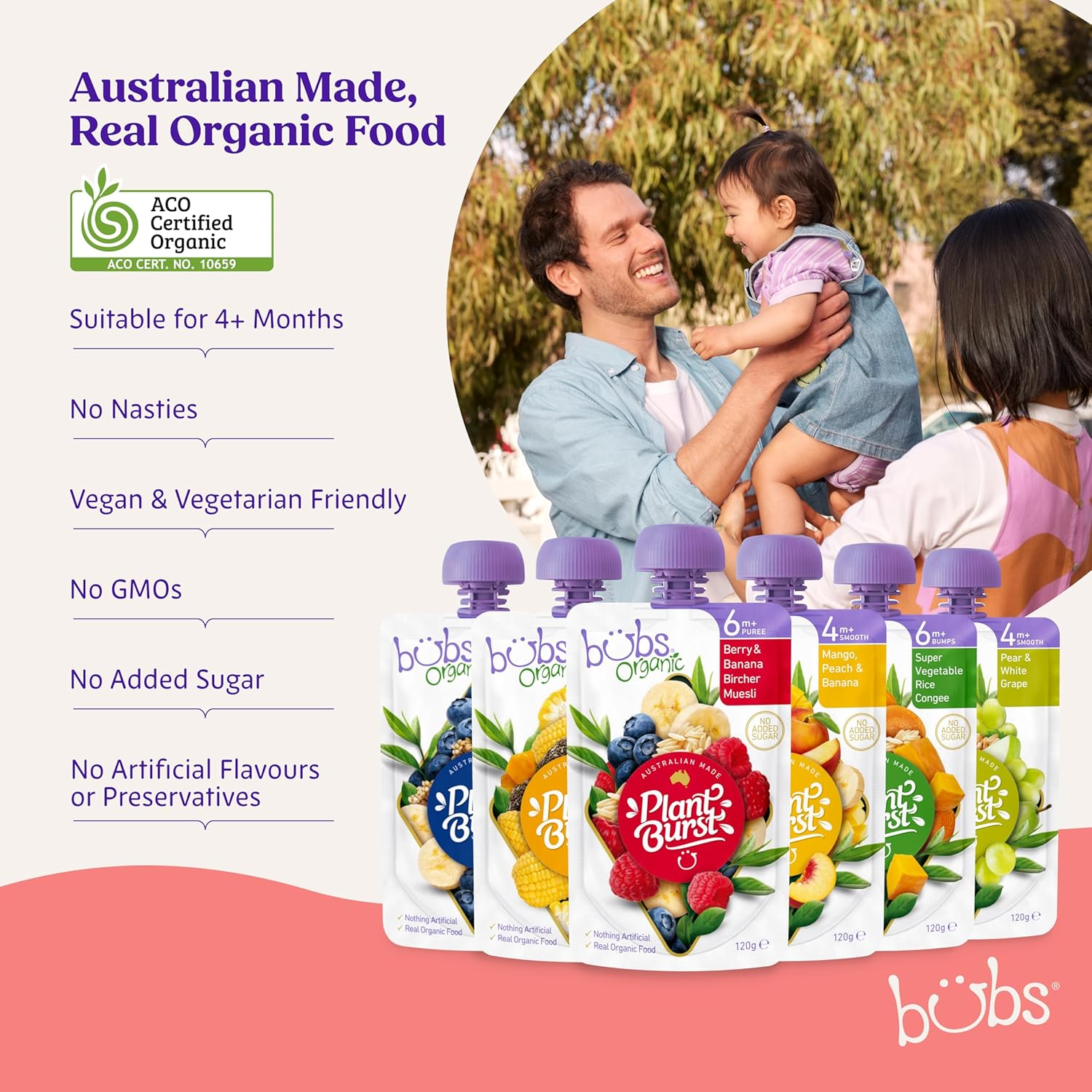 Bubs Organic Mango, Peach & Banana Pouch, 4+ Months Baby Food, Fruit Puree Snack, No Added Sugar, 120G image number 4