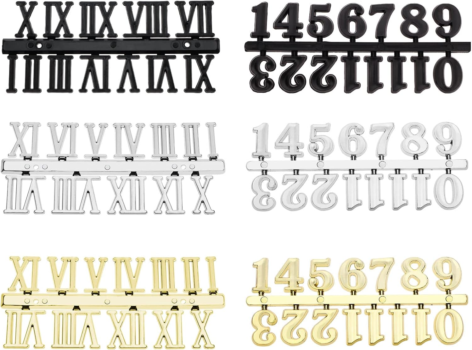 SING F LTD 12Pcs Clock Numerals Kit Clock Numerals Accessories Roman Numerals Arabic Number in Black Silver Gold DIY Digital Clock Numbers for Home Art Decor
