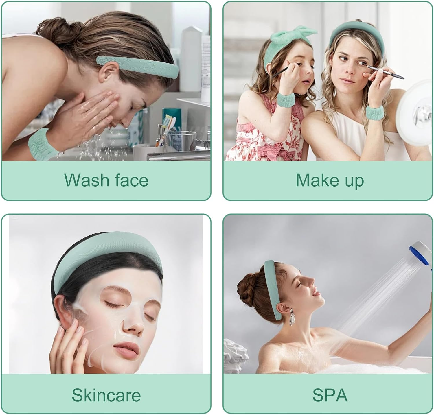 WRENYZK Pack of 5 Spa Headband for Washing Face Wristband and Hair Clips Set, Makeup Hair Band Cosmetic Headband for Women Girls Skin Care Facial Cleansing Yoga (Green) image number 1