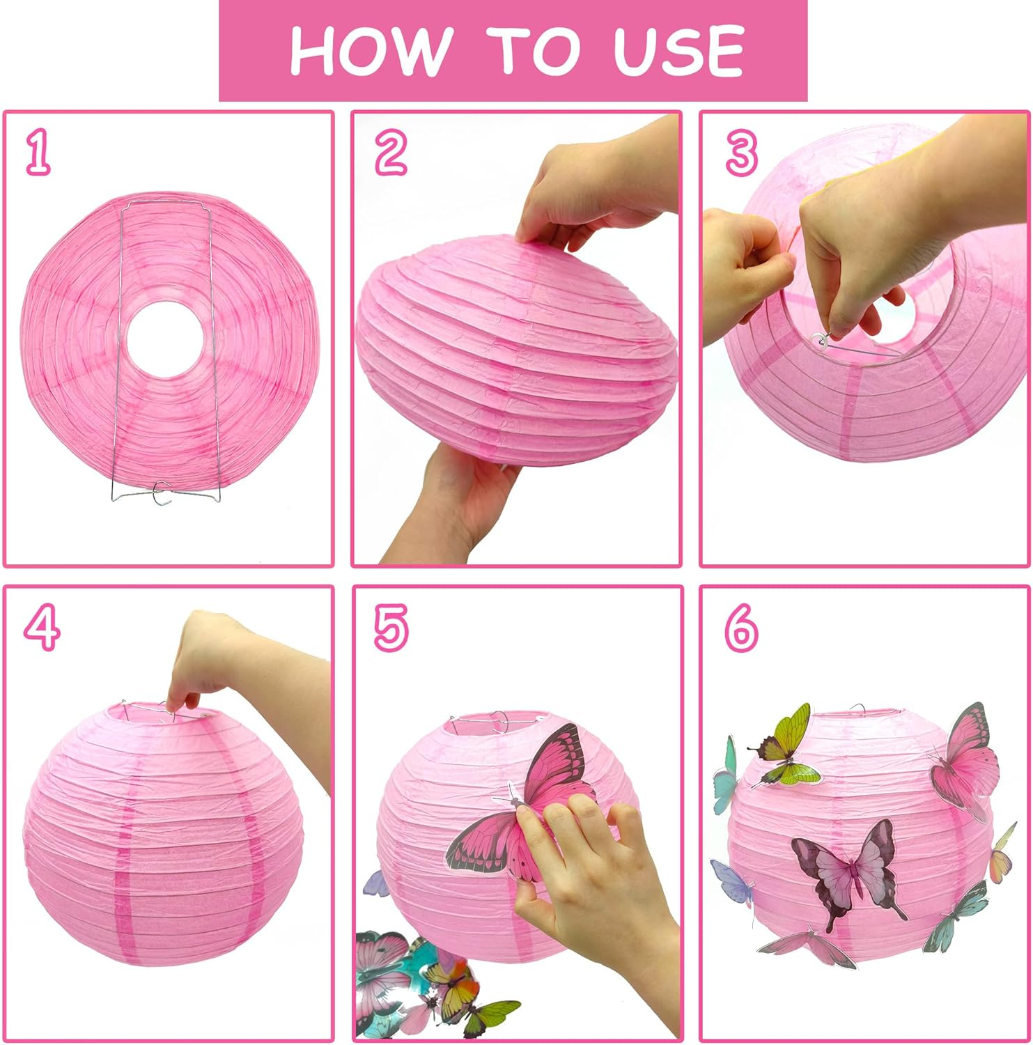 Niuhong round Paper Lantern, Lampshade with Butterfly, Children'S Pendant, Paper Lantern, Spring Theme Decorations for Party, Birthday, Christening, Garden, Wedding Decoration (Pink, 30 Cm), Pack of 2 image number 5