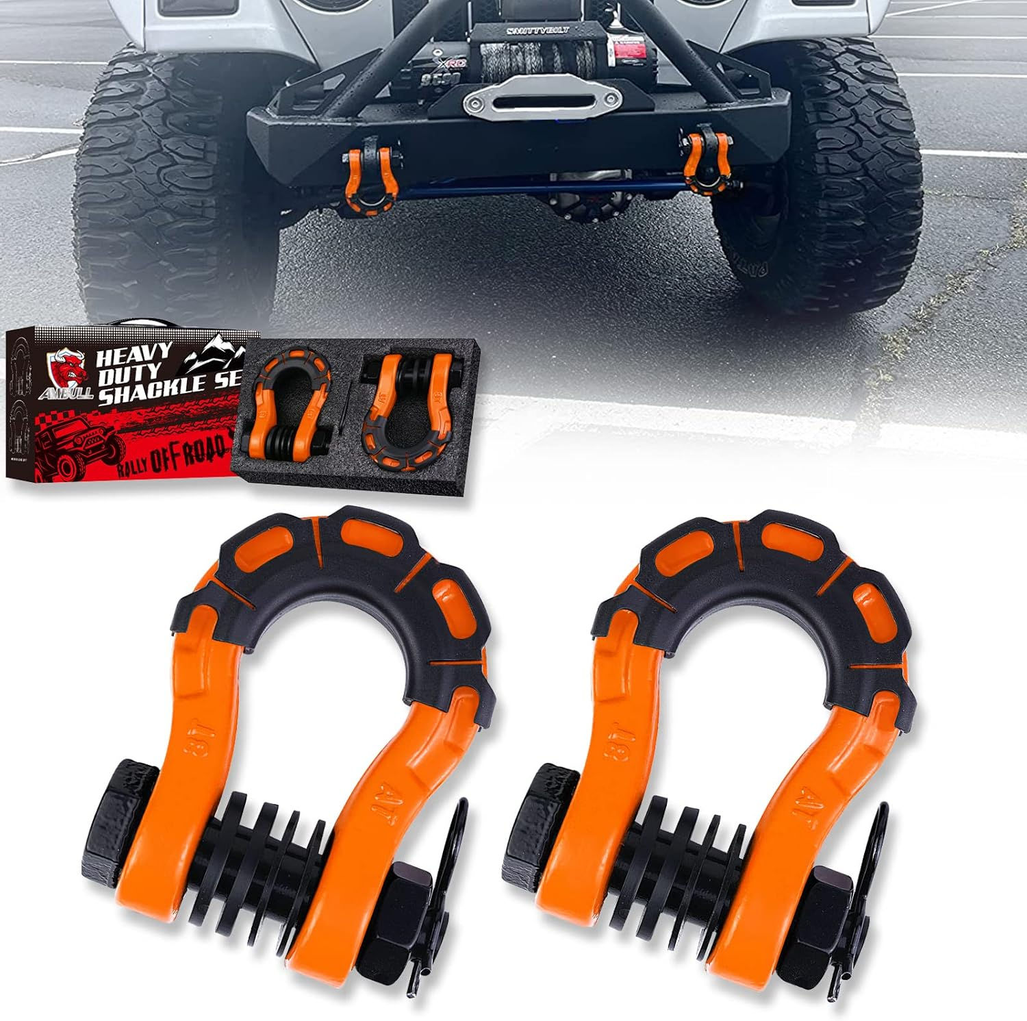 AMBULL Shackles Upgrade 3/4" D Ring Shackle (2 Pack) 70,000 Lbs Break Strength with 7/8" Pin, Isolator and Washer Kits for Use with Tow Strap, Winch, Off-Road Truck Vehicle Recovery, Orange