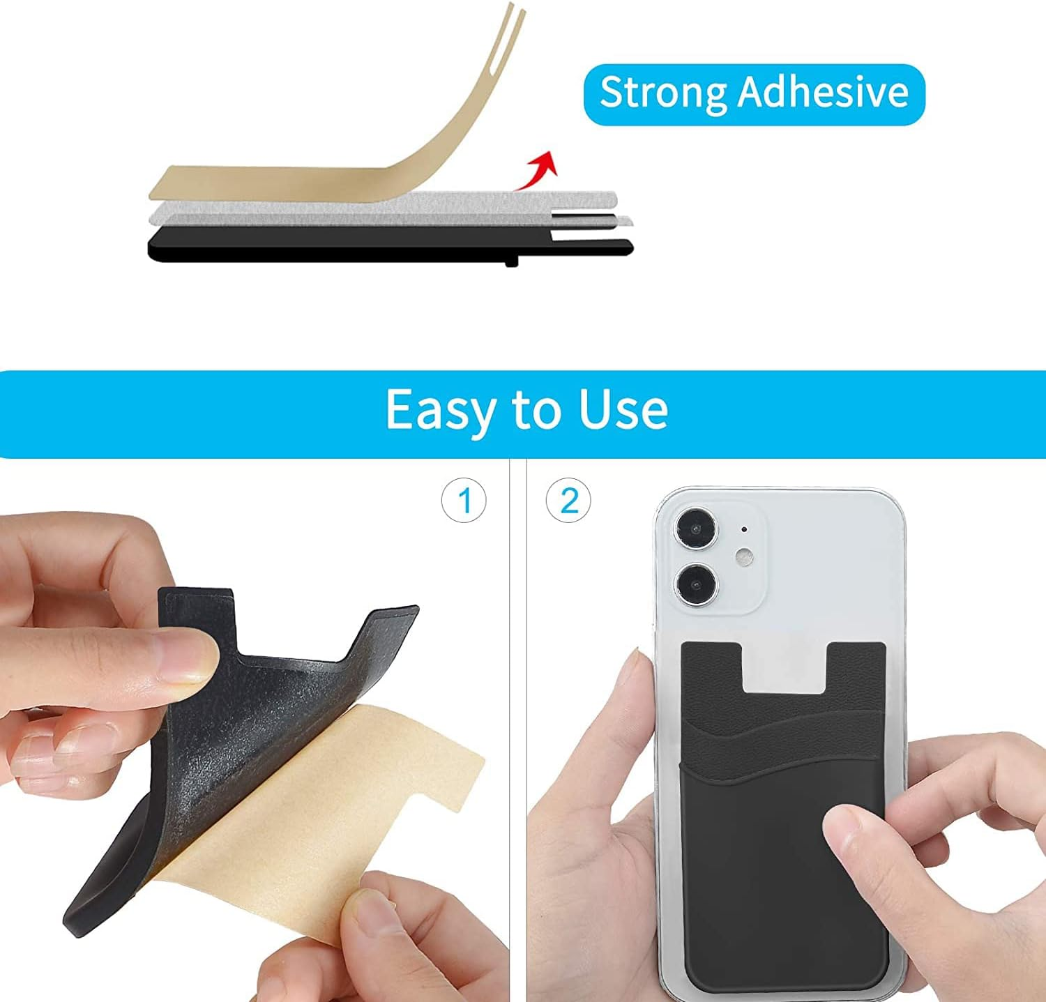 Adhesive Phone Card Holder Stick-On Phone Wallet ID Credit Card Holder Double Layers Pouch for Iphone Samsung Smartphones (Black) image number 5
