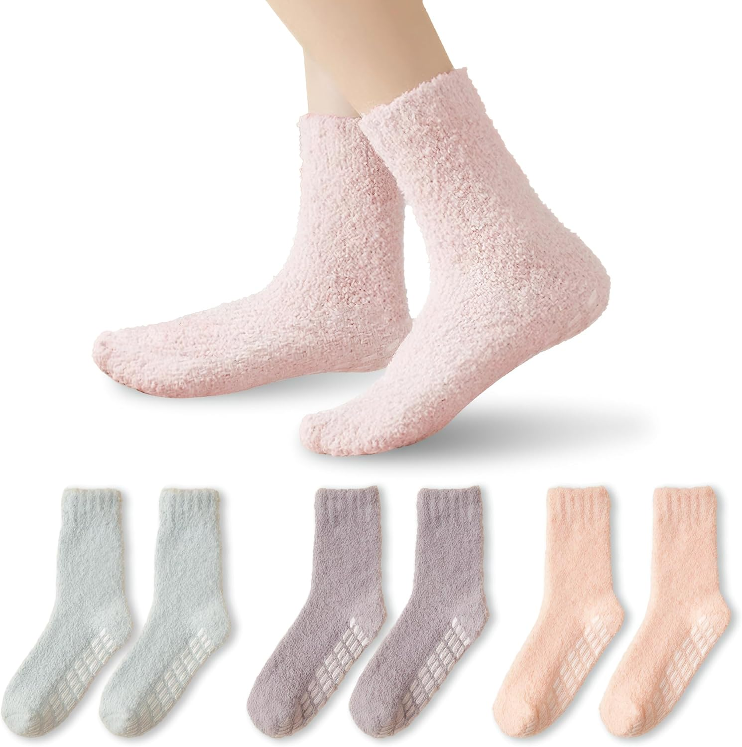 Unisex 3-Pack Non-Slip Winter Socks - Couple Cozy Thermal Fleece Bed Socks with Anti-Skid Grips - Soft Coral Fluffy Floor Sock for Sleeping, Lounge & Home Mid-Crew