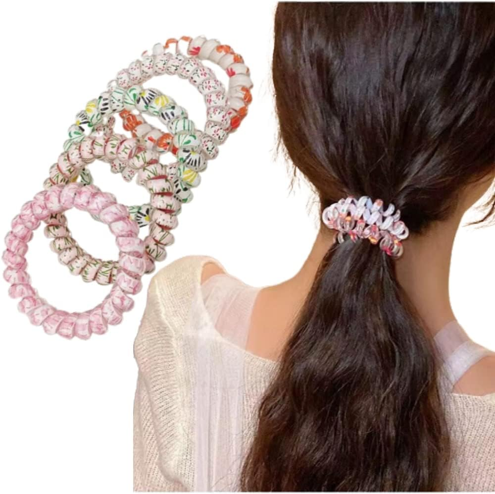 5Pcs Spiral Hair Ties for Women Phone Cord Tellie Telly Coil Plastic Tele Coiled Telephone Cord Stretchy Hair Ties for Thick Hair Big Coils (Floral Style) image number 3