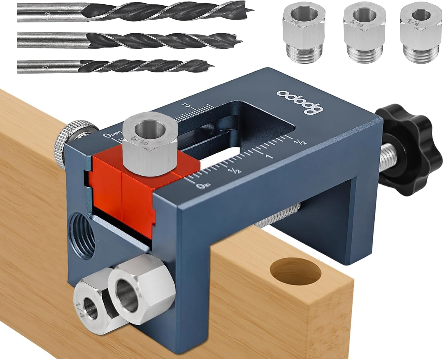 Self-Centering Doweling Jig Kit for Woodworking &ndash; Adjustable Width Dowel Jig for Straight Holes with 3 Drill Guide Bushings & 3 Drill Bits (1/4'',3/8'',5/16'')，Woodworking Joints Tools image number 2