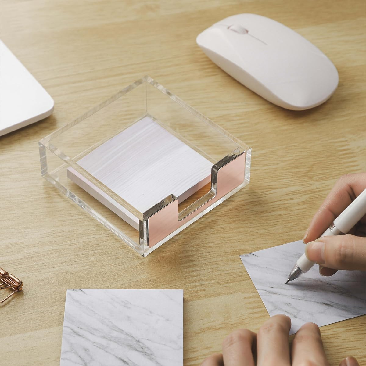 AIMALL Transparent Acrylic Rose Gold Note Holder, Marble Desktop Storage Box for Office Supplies, Memo Pads, and Small Item Organisation, 3.74 X 3.93 X 1.18 Inch - Acrylic-Black image number 5