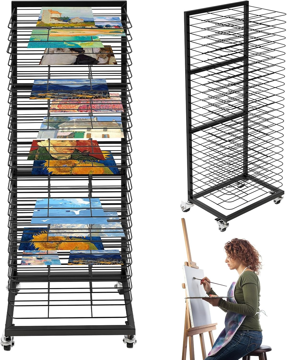 HOOMFIT Portable Art Storage Rack, Removable Shelves Art Rack, 24 Removable Shelves Painting Drying Rack，Art Drying Rack with Lockable Wheels image number 5