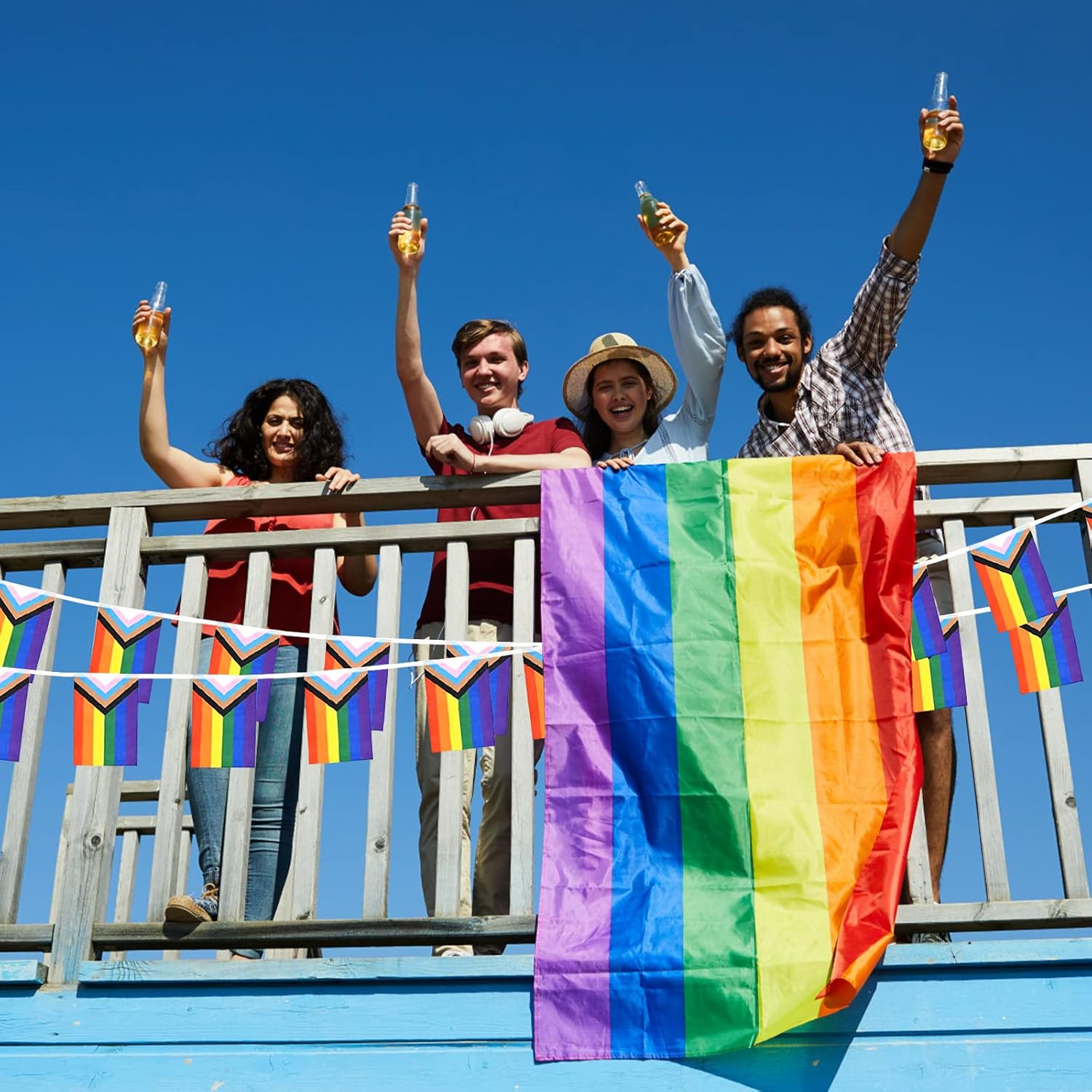 32.8Ft 38 Pcs Progress Pride Pennant Flags Banner,Gay LGBTQ Rainbow Pride Banner Flag, Colorful Stripes Bunting Banner for Pride Decorations, Pride Month, Party, Restaurants, Garden Decor image number 2