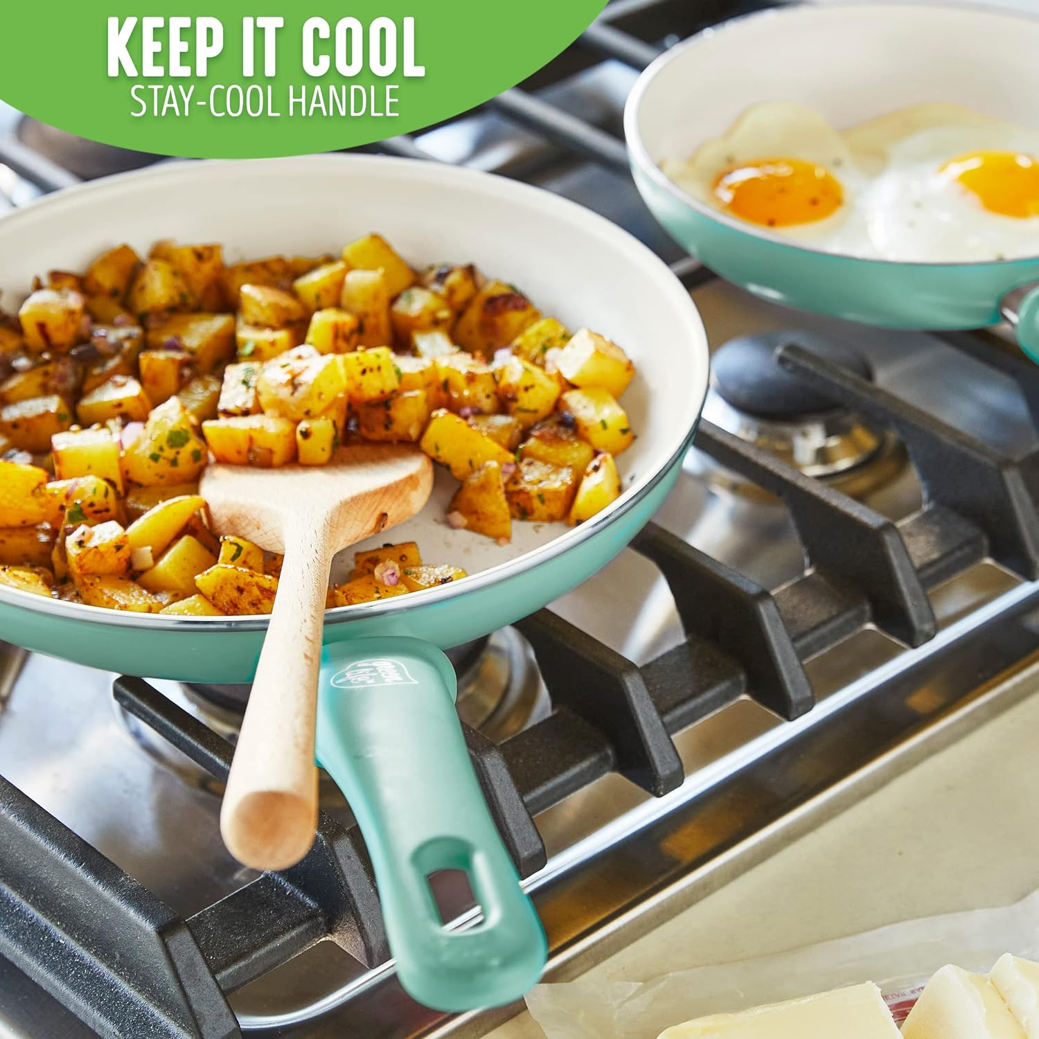 Greenlife Soft Grip Healthy Ceramic Nonstick 20, 26 & 30Cm Frying Pan Skillet Set, Pfas-Free, Dishwasher Safe, Turquoise - Turquoise image number 4
