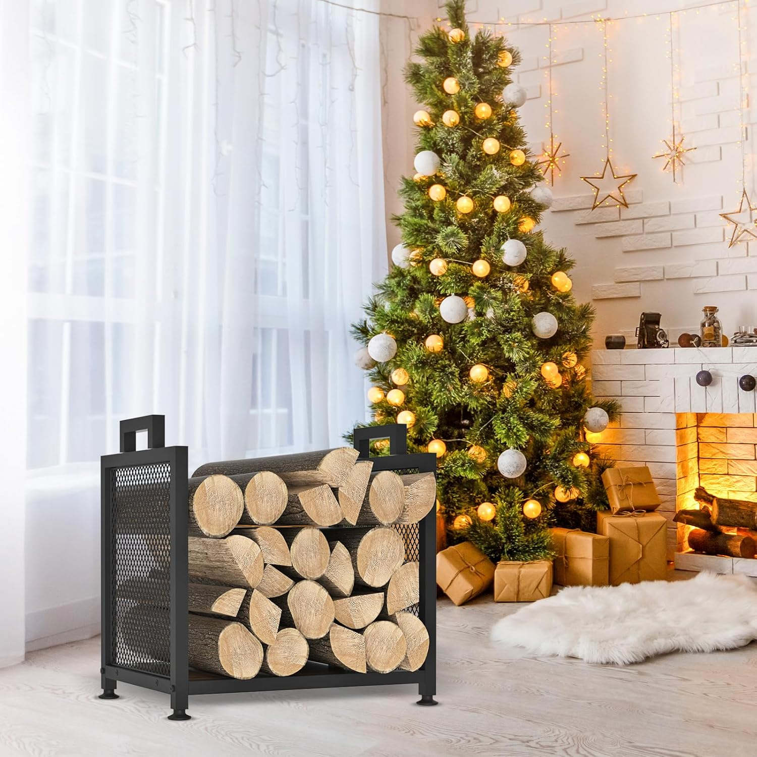 Firewood Rack for Indoor, Heavy Duty Fire Wood Racks Holder, 17.32" Metal Wood Storage Log Holder with Leather Carrier, Small Firewood Stand for Fireplace Patio Deck, Black image number 4