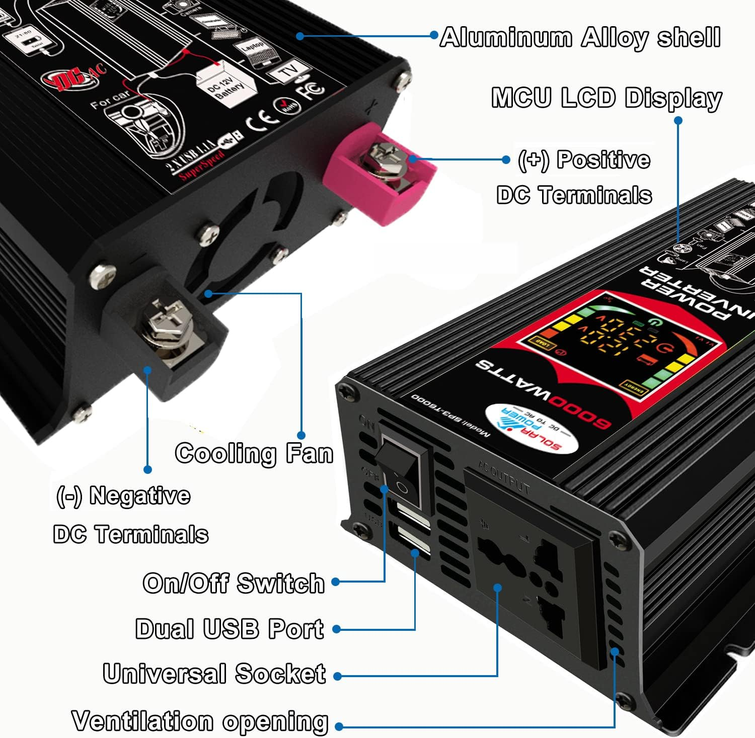 LAPOOH Modified Sine Wave Inverter High Frequency 6000W Power Watt Power Inverter DC 12V to AC 220V Converter Car Power Inverter with 2.1A Dual USB Port Battery Clips Car Cigarette Plug LCD Display image number 1