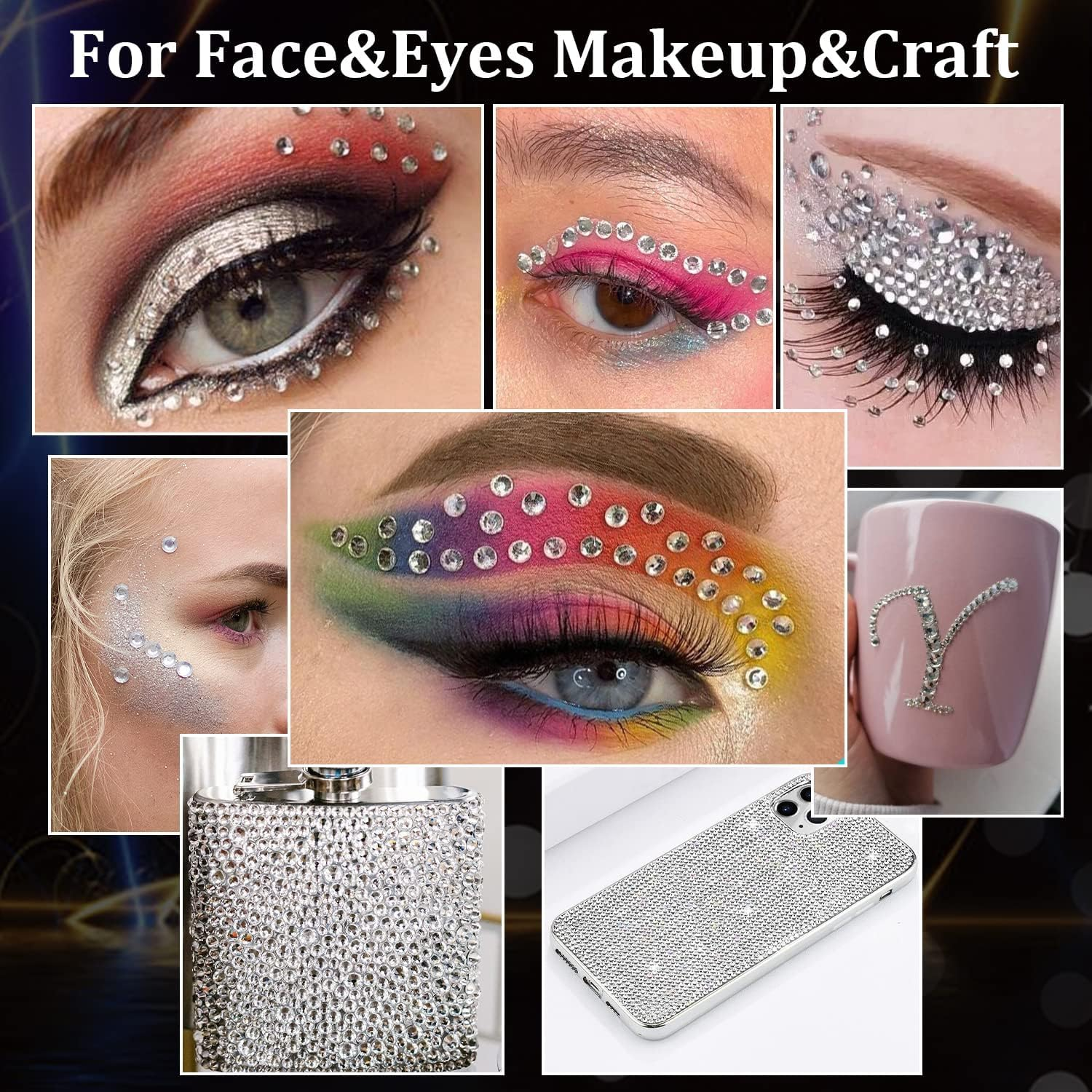 2758 Pcs of Rhinestone Stickers 3/4/5/6/8Mm Clear+Laser Self Adhesive Face Gems, Stick on Body Crystal Jewels with Quick Dry Makeup Glue for Face Eye Hair Nails Make up and Craft DIY Decorations - 06-14 Sheets Clear+Laser image number 4