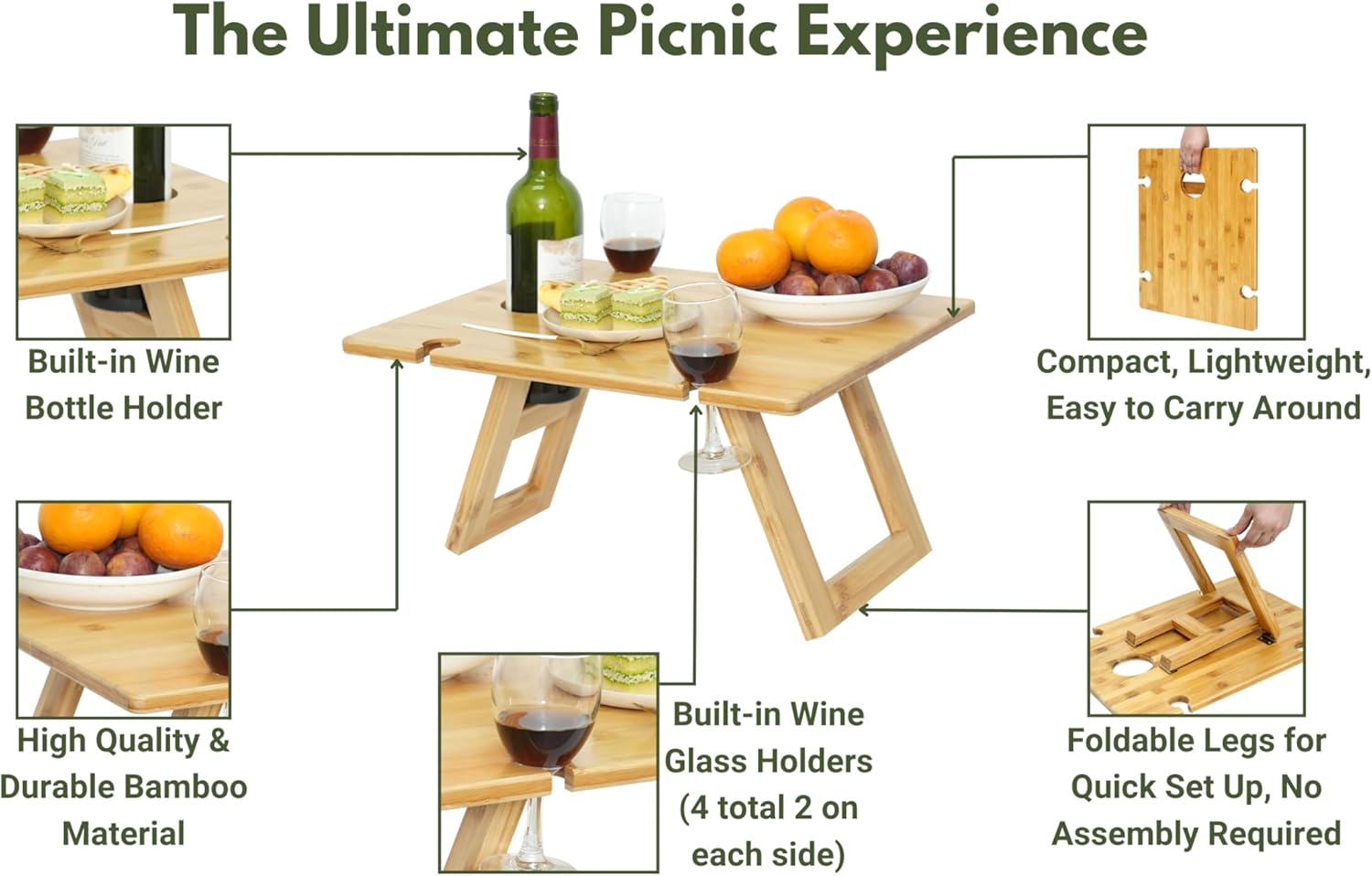 Portable Picnic Table, Foldable Table with Wine Bottle and Wine Glass Holders, Bamboo Tray Table for Camping, Beach, Park Picnic, Indoor/Outdoor Dining Table image number 4