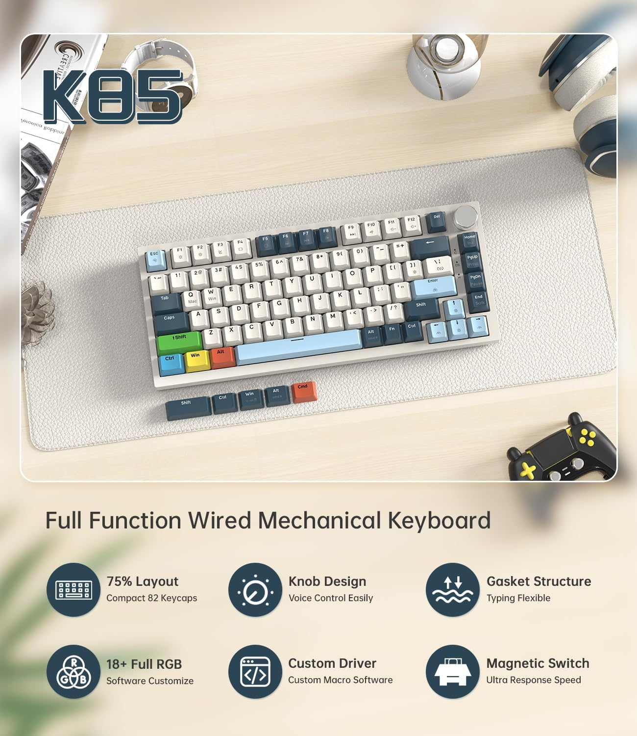 Lexonelec X ATTACK SHARK K85 Magnetic Switch Mechanical Keyboard, Rapid Trigger, Cloud Driver, LIGHTSYNC RGB Backlit, TKL Gasket 75% Gaming Keyboard with Knob Control & Coiled Cable for Win/Mac - Blue - Blue image number 7