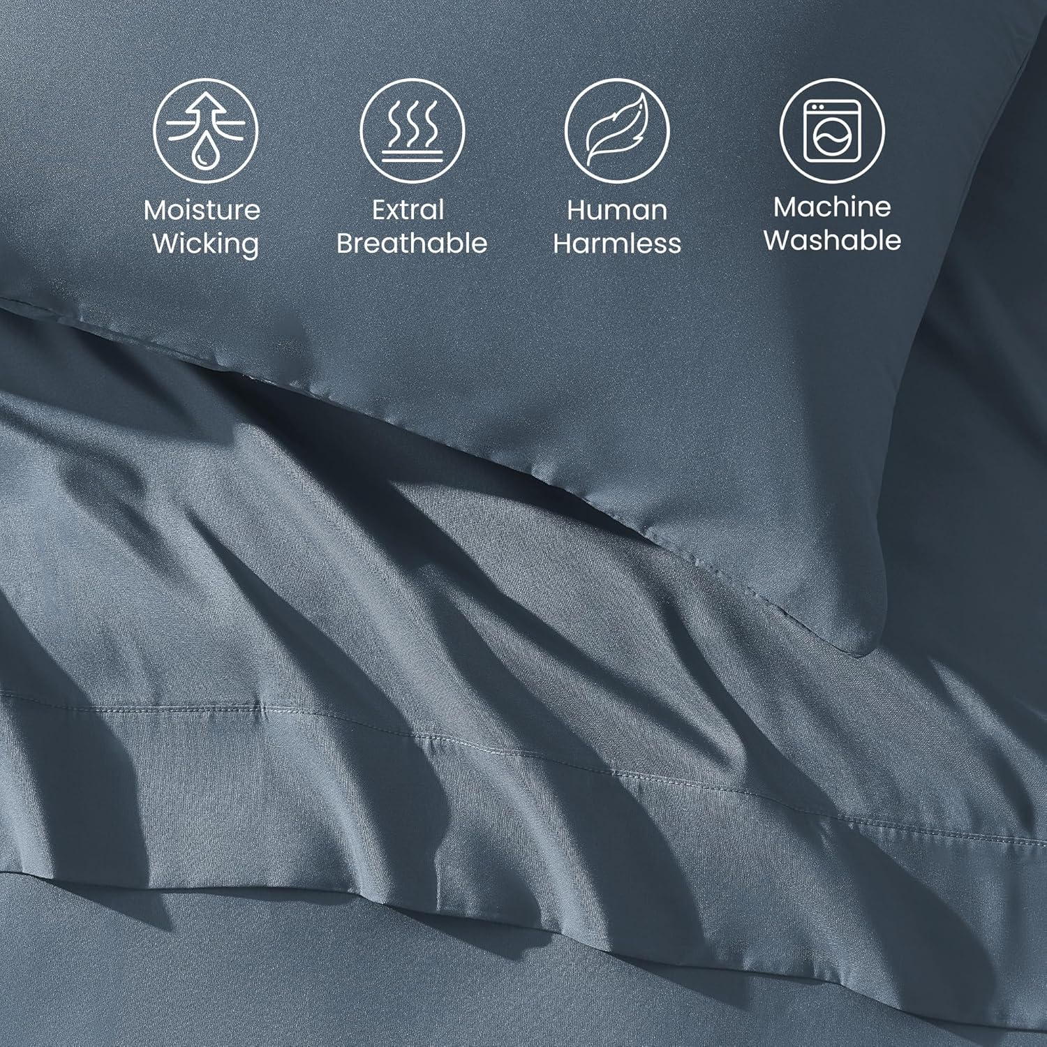 Sleep Zone Nanotex Super Soft Cooling Queen Bed Sheets Set 4 Piece - Easy Care Fitted Flat Sheet & Pillowcase Sets - Wrinkle Free, Fade Resistant, Deep Pocket 16" (Flint Blue, Queen) image number 3