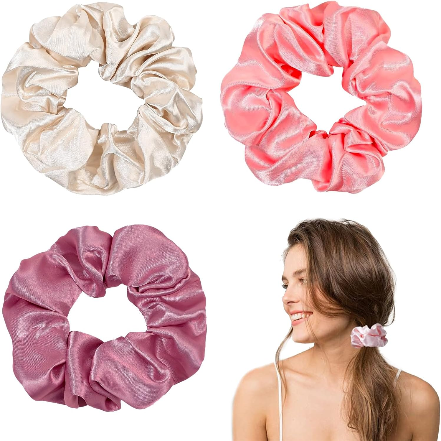 Hshenjhu Pack of 3 Satin Scrunchies, Soft Elastic Scrunchies, Hair Bobbles without Marks, Breakage Prevention Hair Band, Silk Ponytail Holder, for Women, Girls, Hair Accessories, 3 Colours image number 2