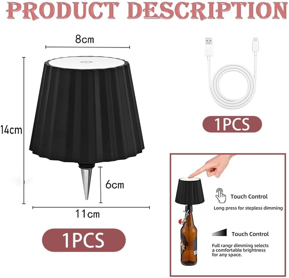 LED Wine Bottle Lamp USB Rechargeable Table Light 3 Colors Dimmable Wine Bottle Light Touch Control Cordless Decorative Wine Bottle Night Light for Bar Restaurant Bedroom-Black image number 3