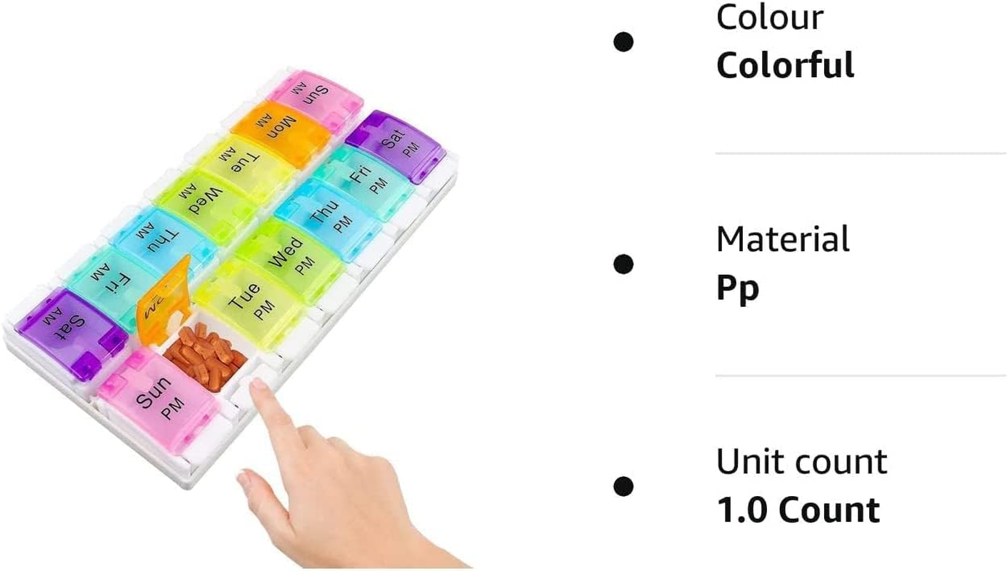 AM PM Weekly 7 Day Pill Organizer (Twice-A-Day)， Large Daily Pill Cases with Easy Push Button Design for Pills/Vitamin/Fish Oil/Supplements - Rainbow image number 5