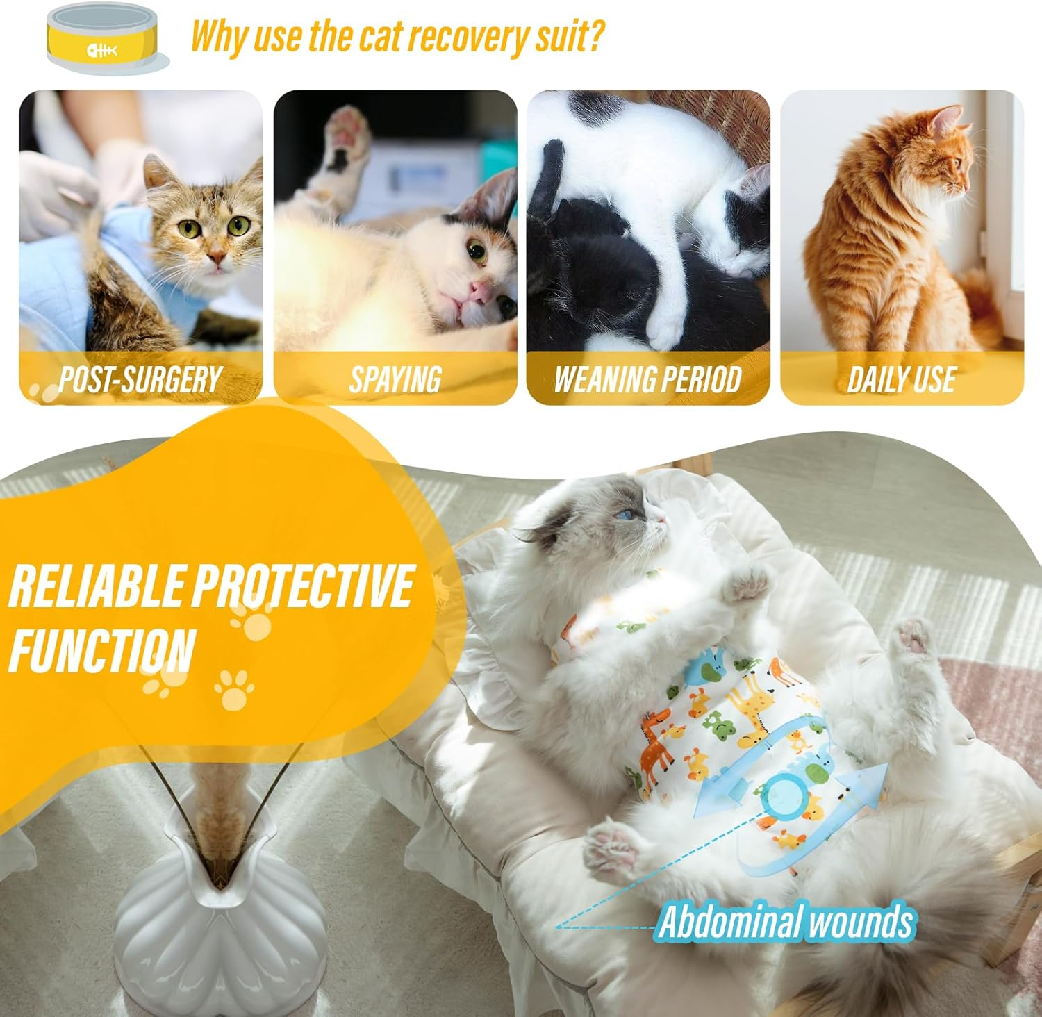 Supcomsta Cat Recovery Suit Female,Soft Kitten Onesie for Cats after Surgery,Elastic Collar Cat Clothes for Post-Surgery Skin Diseases Protection,Perfect Cone of Shame Alternative (L, Cute Animal) image number 3