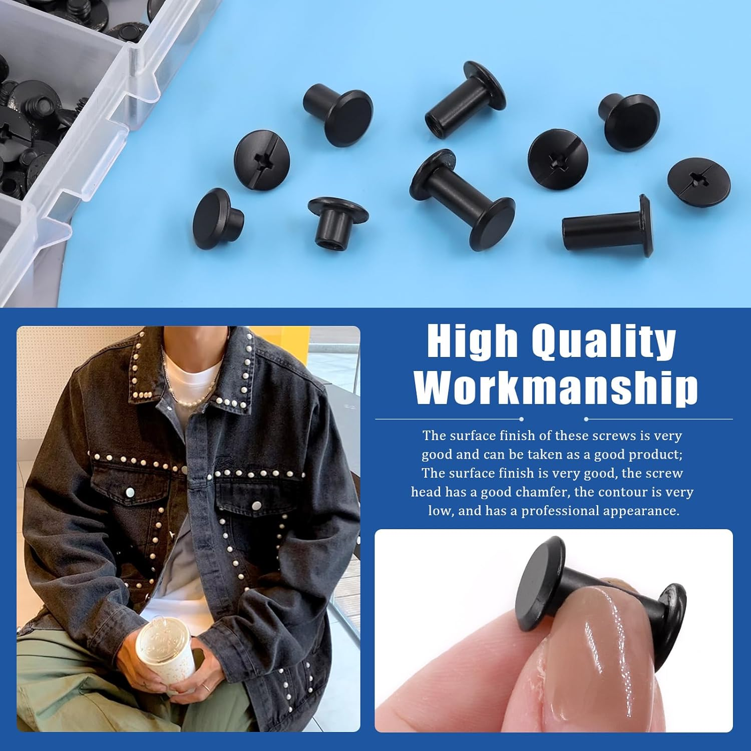 Glarks 110 Sets 6 Sizes Chicago Screws Leather Rivets with Punch and Screwdriver Kit, M5 X 4/5/6/8/10/12Mm Chicago Button Binding Post Screw Nail Rivets for DIY Leather Craft Bookbinding (Black) - Gold image number 4