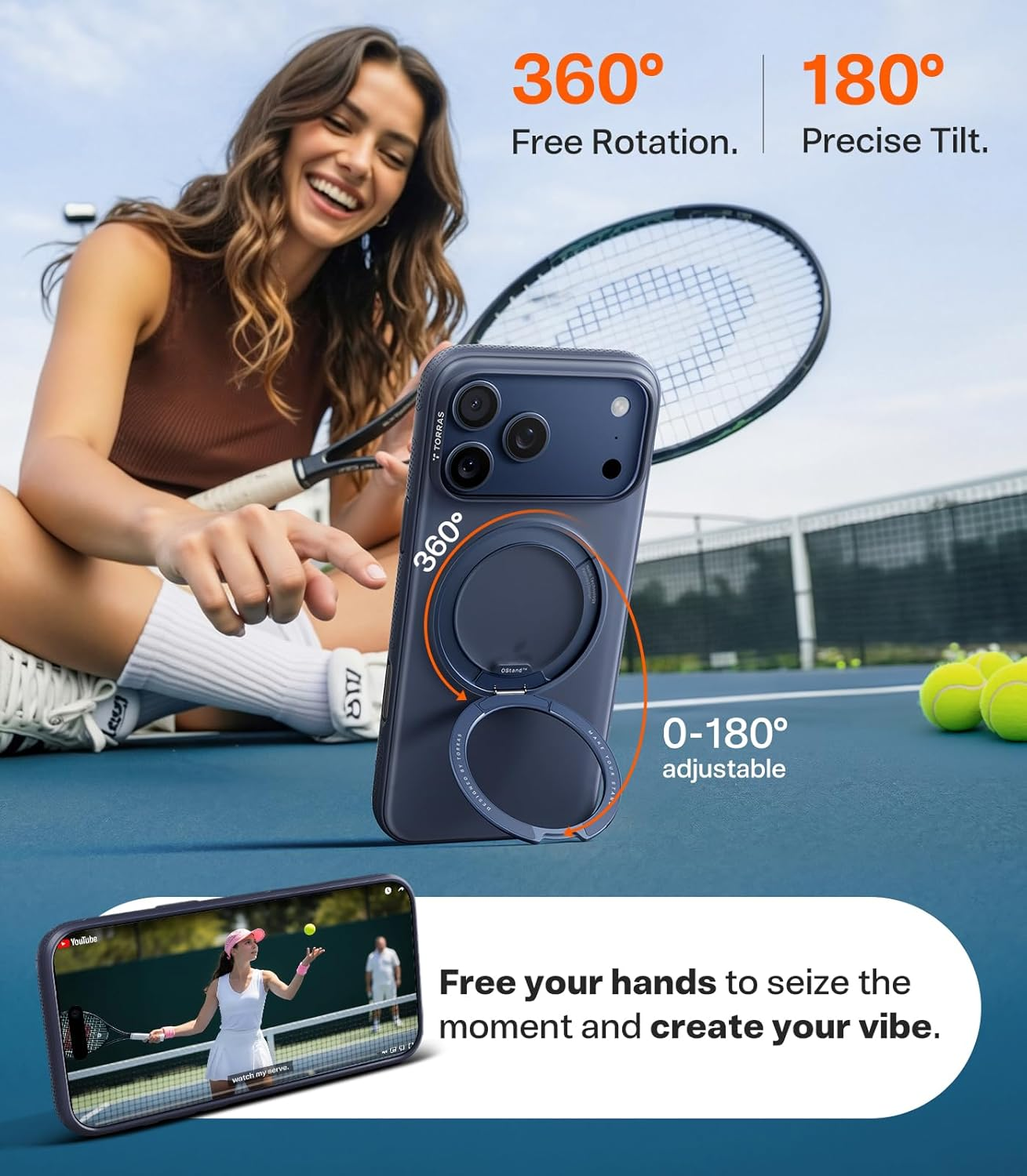 TORRAS 360 Rotatable Stand for Iphone 17 Pro Max Case, Compatible with Magnetic, Mil-Grade Protection, Slim Ergonomic Grip, Camera Control, Ostand O3 Fitness 6.9'', Deep Blue image number 4