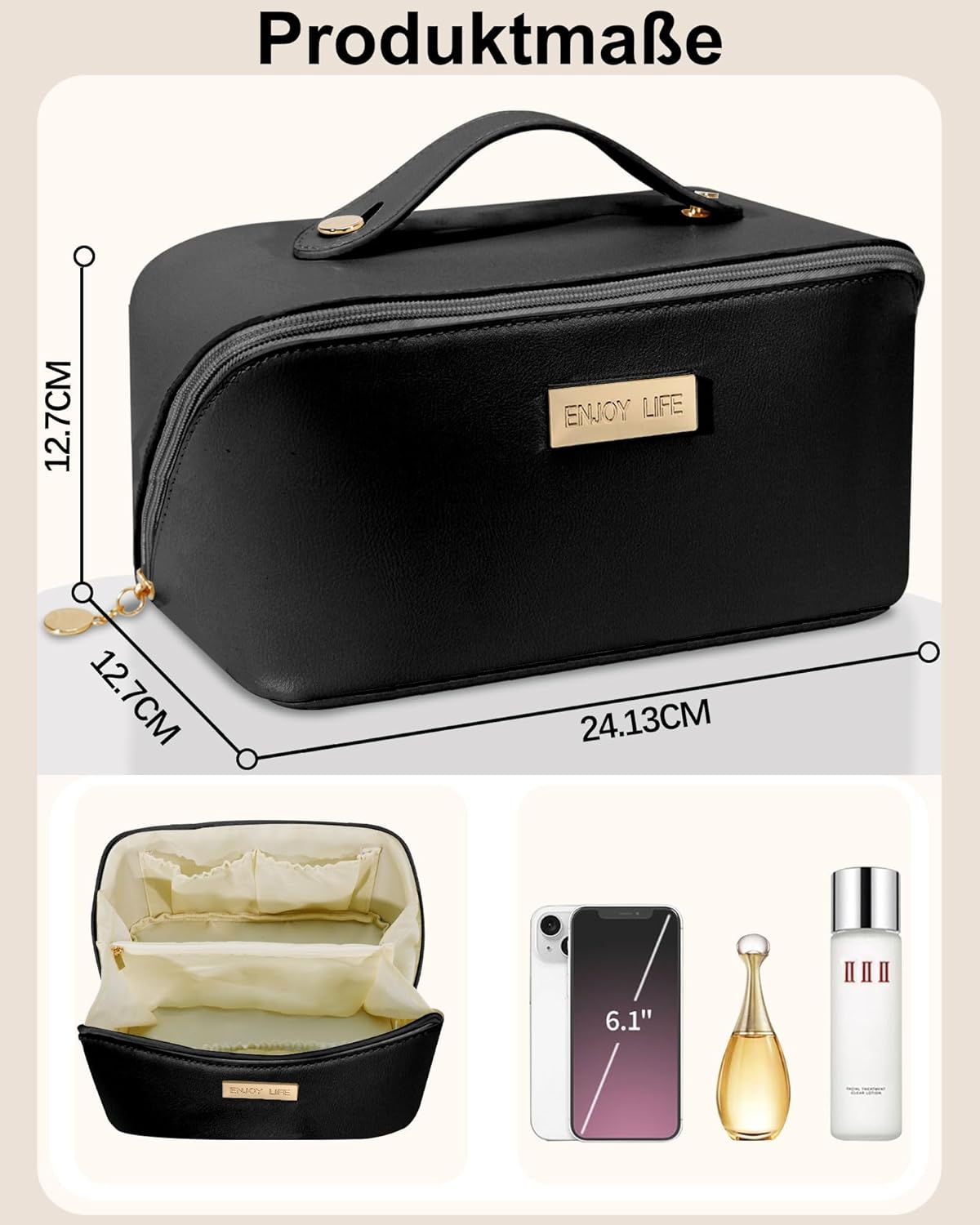 BEENLOVE Women'S Toiletry Bag Cosmetic Bag Makeup Bag Travel Makeup Bag, Aa-Black, 24,13 &times; 12,7 &times; 12,7 Cm, Superior and Distinctive - Aa-Black image number 1