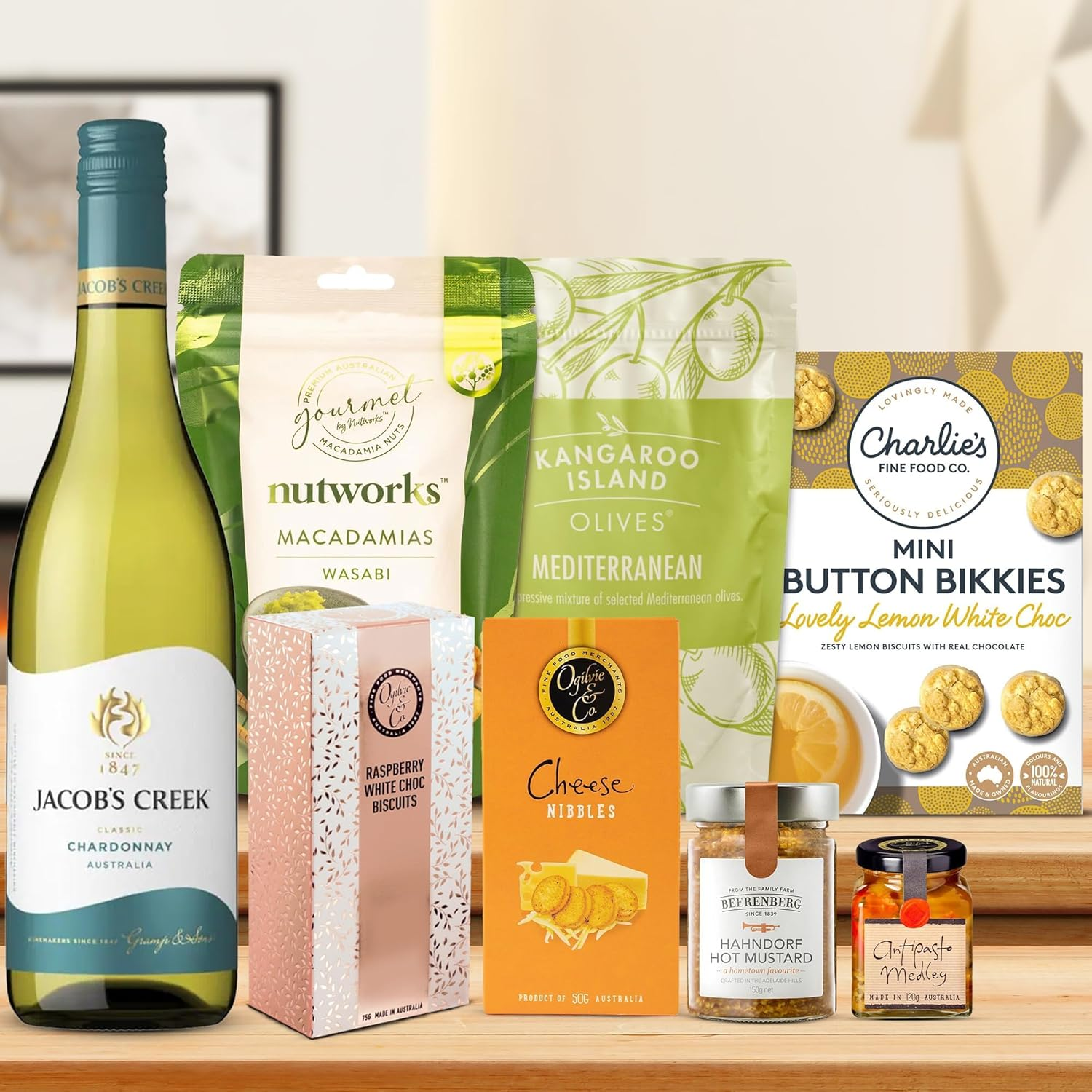 Gourmet Gift Hamper, Quality Wine and Snack Hamper, Perfect for Birthday Gift or Thank You Gift, Includes Chardonnay, Olives, Mustard, and Biscuits image number 5
