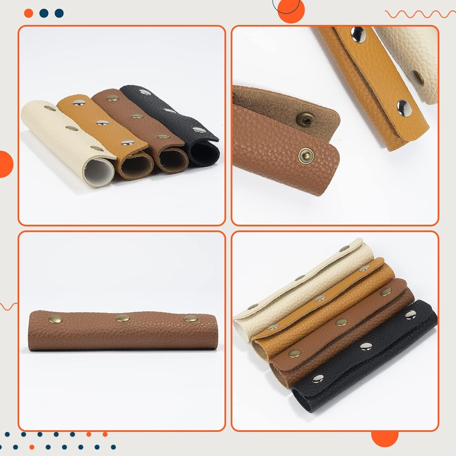 IUAQDP 2-Piece Leather Wrap Cover, Luggage Grip Protector with Brass Clasp, Soft Purse Strap Pad for Shopping, Travel, Suitcase, Tote Bag, Wallet - Brown - Beige image number 2