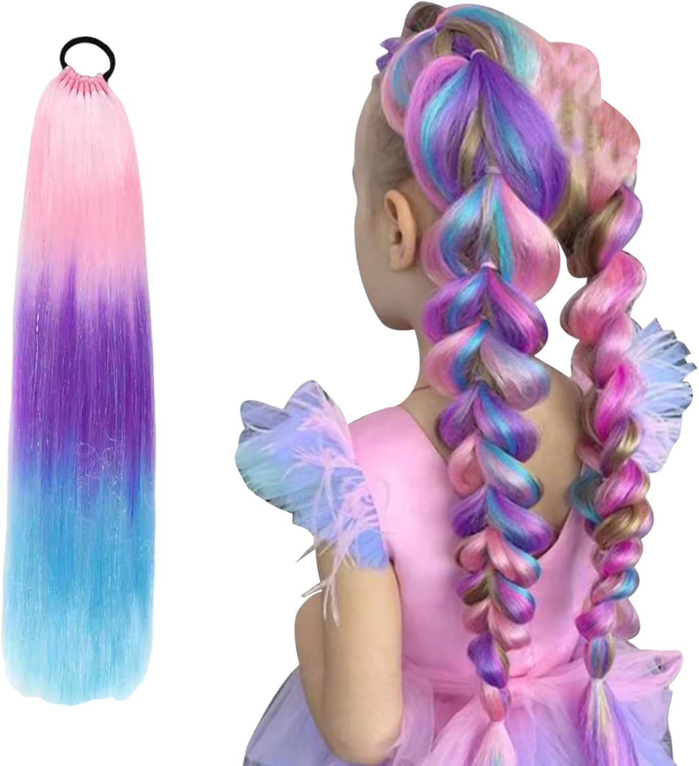 Rainbow Ponytail Extensions with Hairtie - 9 Strands Colored Glitter Hair for Braiding 66Cm Synthetic Crazy Color Hair Accessories for Girls Women Kids Braiding Extensions for Crazy Coiffure (A) image number 4